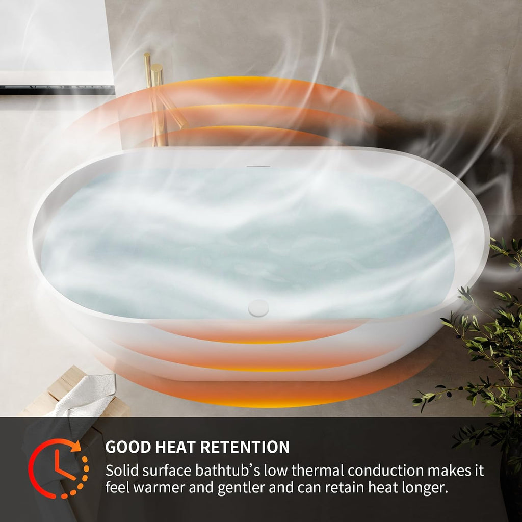 TONA 59' Stone Resin Freestanding Bathtub， Modern Oval Solid Surface Soaking Stand Alone Tub, Matte White, Drain & Overflow Included