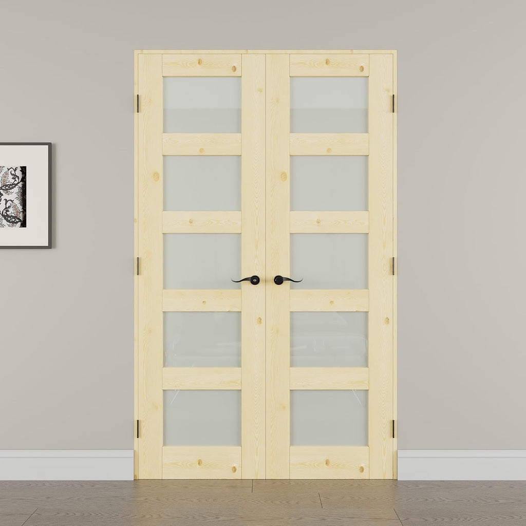 48' x 80' French Doors Interior (Double 24' x 80' 5-Lite Frosted Glass Pine Wood Door with Black Hinge Prehung Jamb Kit), Unifinished Natural Wood, Prebuilt Home Door Panels & Assembly Required Jamb