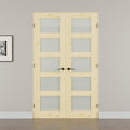 48' x 80' French Doors Interior (Double 24' x 80' 5-Lite Frosted Glass Pine Wood Door with Black Hinge Prehung Jamb Kit), Unifinished Natural Wood, Prebuilt Home Door Panels & Assembly Required Jamb