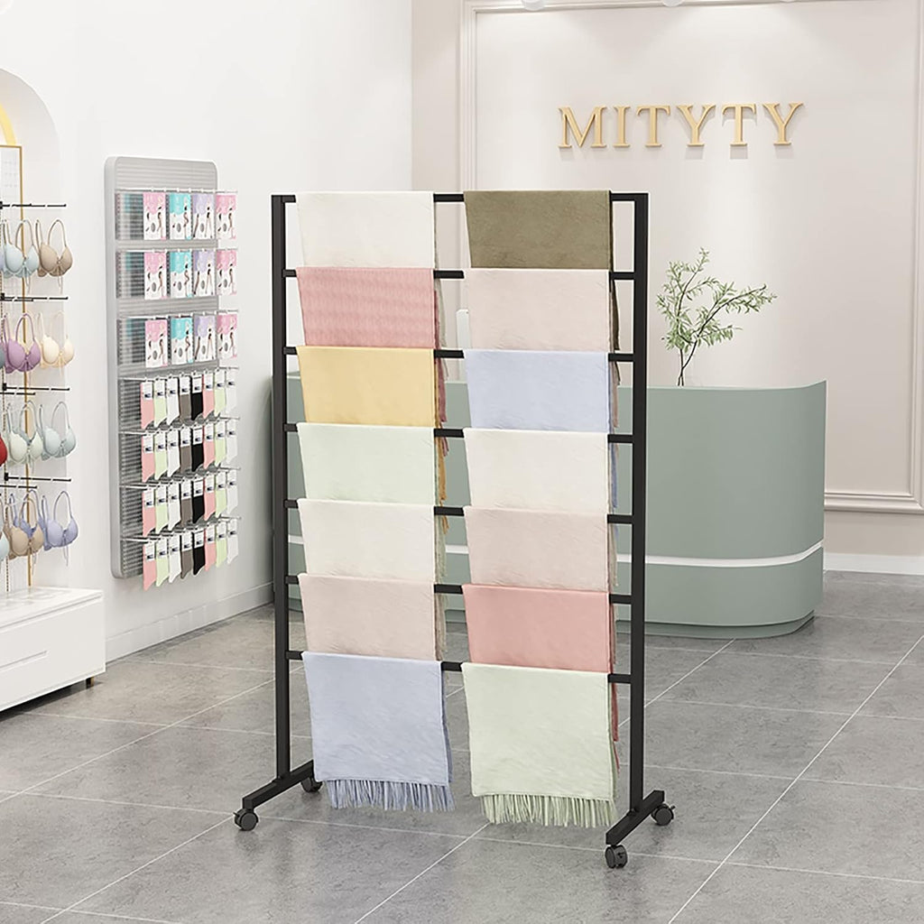Upright Rolling Scarf Storage Organizers Rack on Wheels, 7 Tier Heavy Duty Commercial Multifunctional Display Stand Holder for Pants/Towel/Shawl (Black Length60cm)