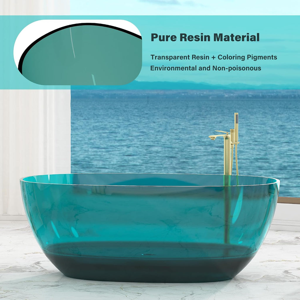 CASAINC 59' Soaking Tub Transparent Resin Freestanding Bathtub Modern Oval Design Stand Alone Tub with Pop-up Drain, 66.56 Gallons Water Storage Capacity 415 MM Soaking Depth, Transparent Sea Blue