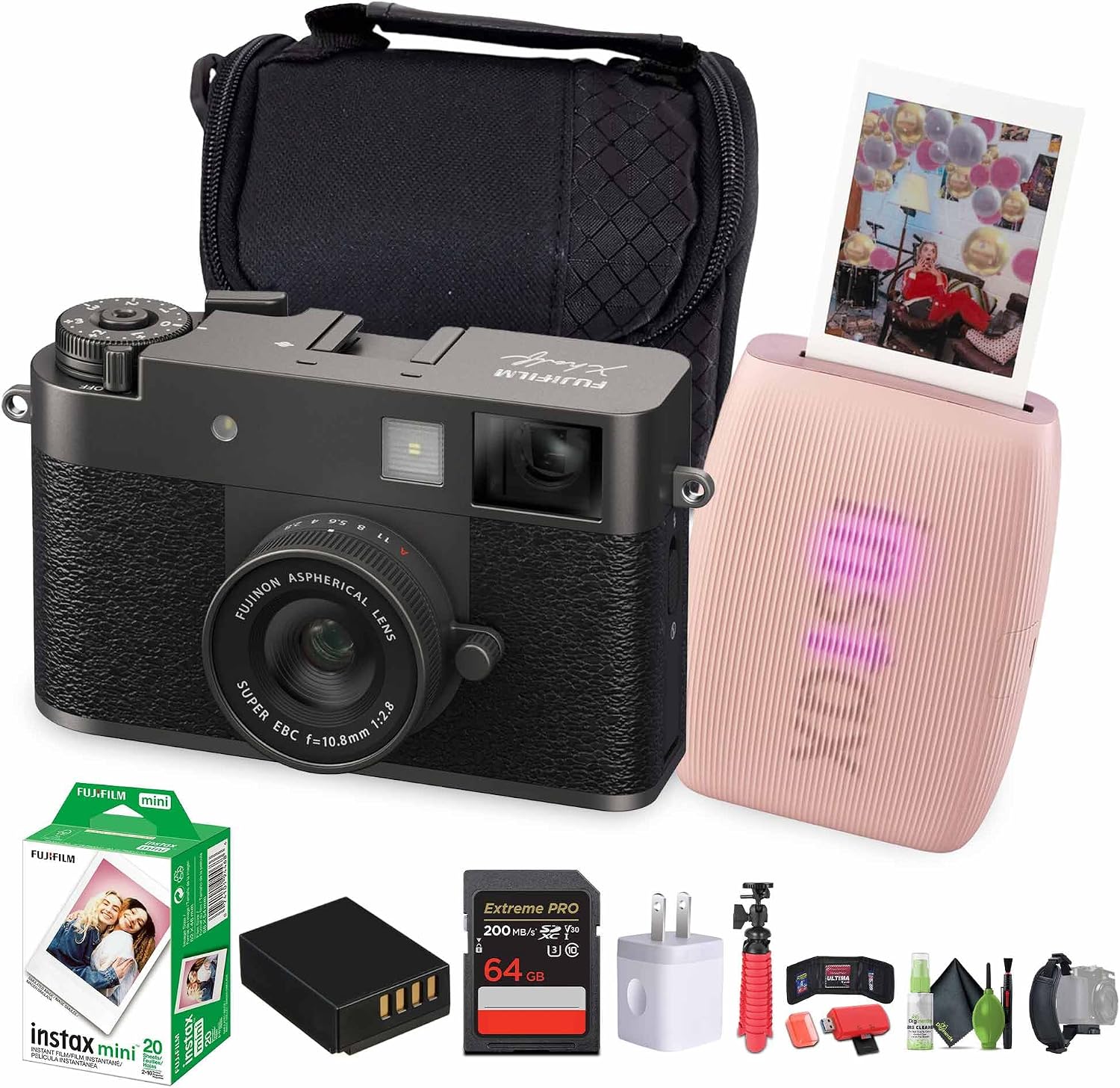 FUJIFILM X Half Premium Compact Digital Camera (Charcoal Silver) Bundle with Fuji Link 3 Smartphone Printer (Rose Pink) + Instax Mini Film + 64GB Memory Card + Flexible Tripod + Cleaning Kit + More