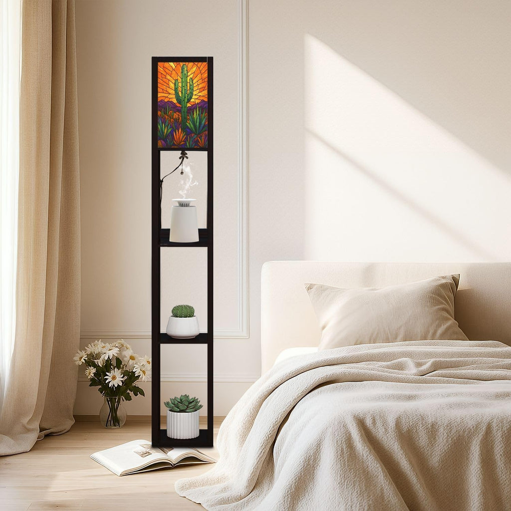 Floor Lamp with Shelves Geometric Western Cactus Stained Glass Design Standing Tall Lamp USB Ports & Power Outlet Modern Corner Lamp Nightstand Light for Living Room Bedroom