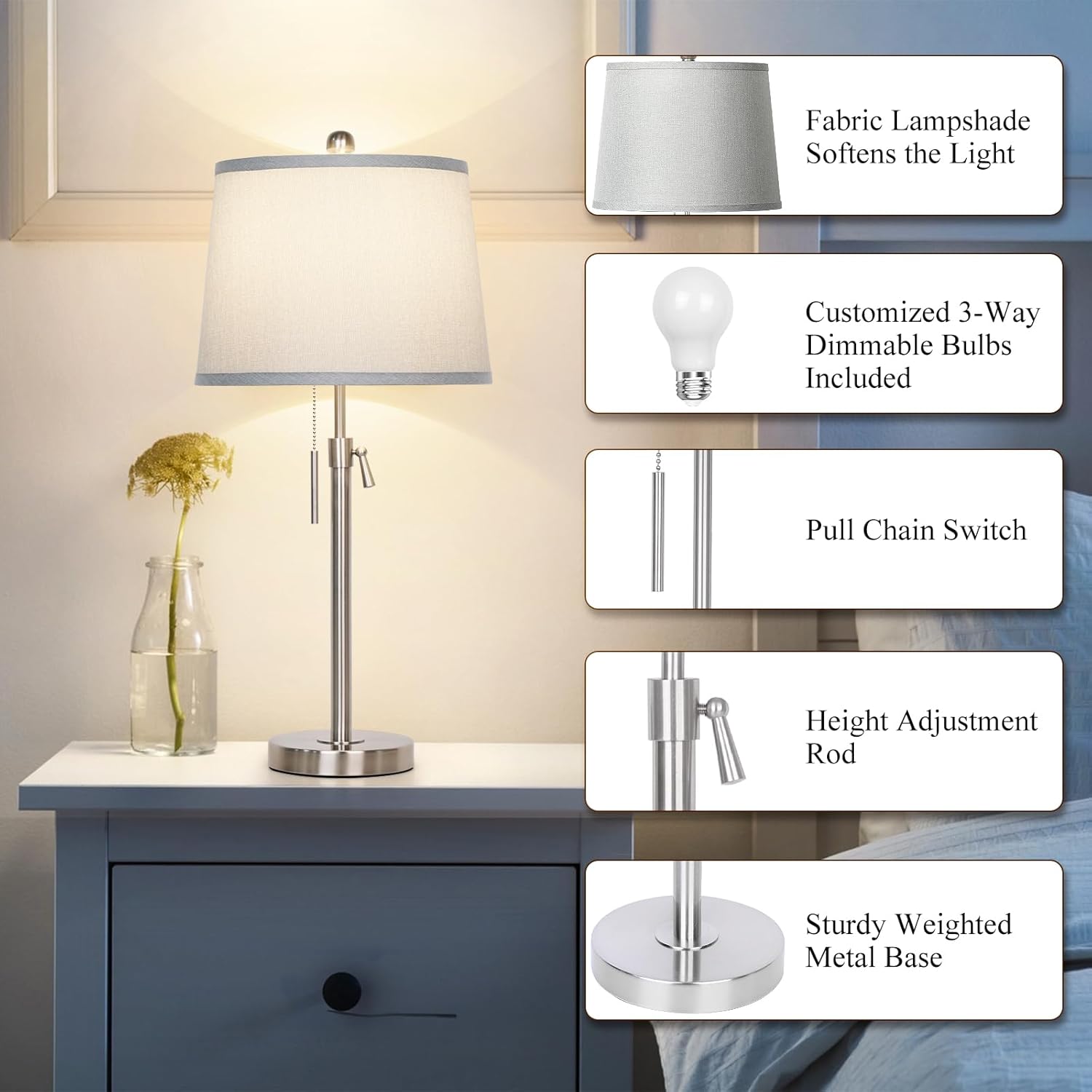 JUNNAI 3 Piece Lamp Sets for Living Room Floor and Table Lamps Set of 3 Adjustable Height Tall Standing Lamp 3 Color Temp Modern Silver Lamp for Bedroom Nightstand Bedside EndTable(LED Bulbs Included)