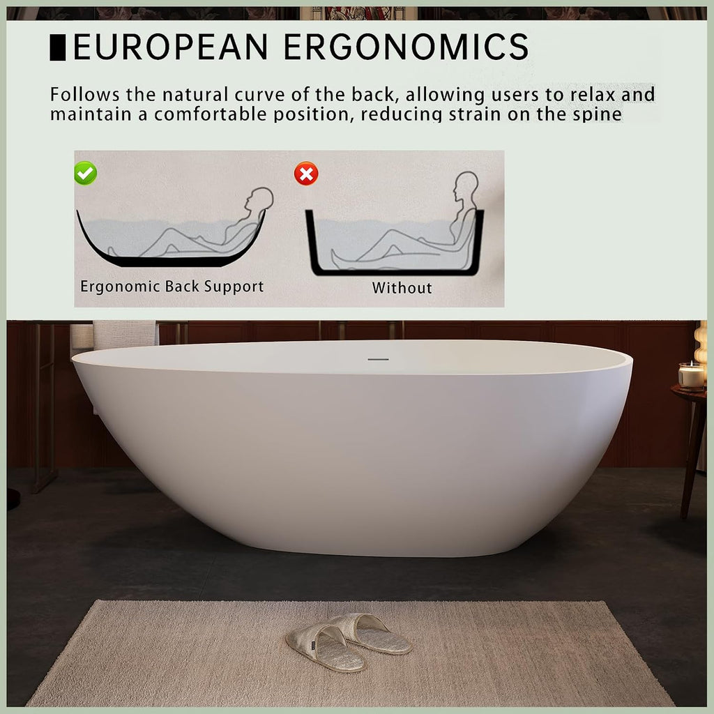 59' Solid Surface Bathtub Modern Glossy White Stone Resin Stand Alone Soaking Tub Luxury Handcrafted Oval Bath Tub with Overflow and Pop-Up Drain for Bathing