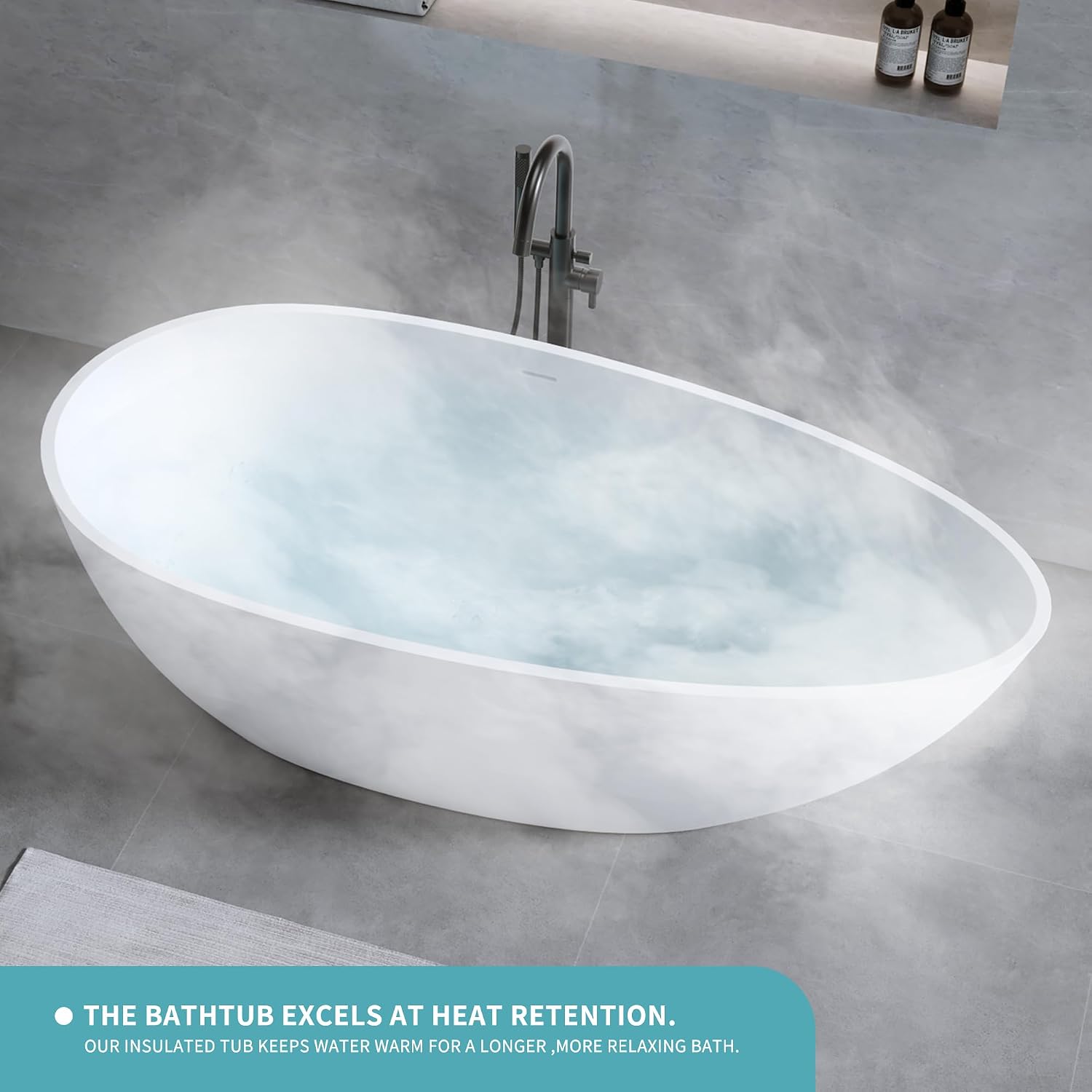 59' Freestanding Bathtub, Solid Surface Resin Stone Bathtub, Soaking Tub for Bathroom, Stand Alone Tub, Integrated Overflow and Drain, Matte White Oval