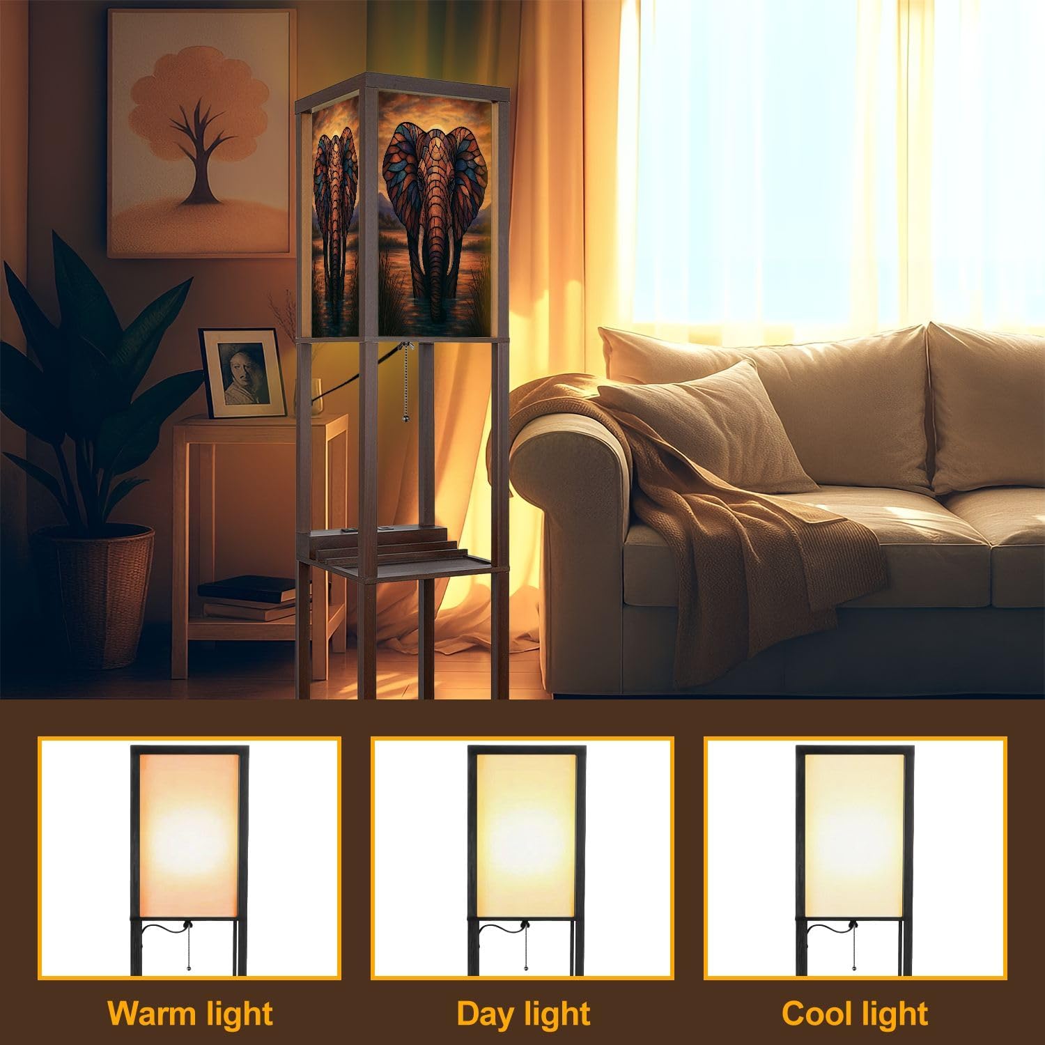 Floor Lamp with Shelves Colored Glass Elephant Sunset Standing Tall Lamp USB Ports & Power Outlet Modern Corner Lamp Nightstand Light for Living Room Bedroom