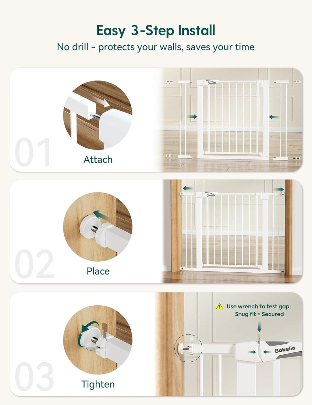 Babelio 36' Tall Baby Gate, PressGuard P7, 29-55' Auto Close Pressure Mounted Dog Gate for Doorways & Hallway, Basics Easy Walk Thru Pet Gate, Extra Wide Metal Child Gate, White
