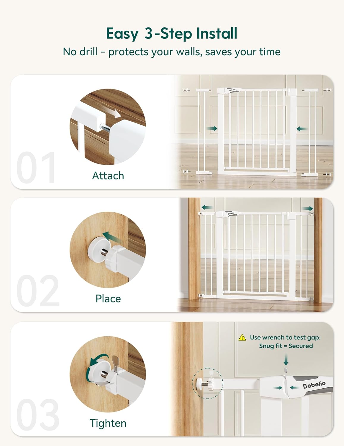 Babelio 36' Tall Baby Gate, PressGuard P7, 29-55' Auto Close Pressure Mounted Dog Gate for Doorways & Hallway, Basics Easy Walk Thru Pet Gate, Extra Wide Metal Child Gate, White
