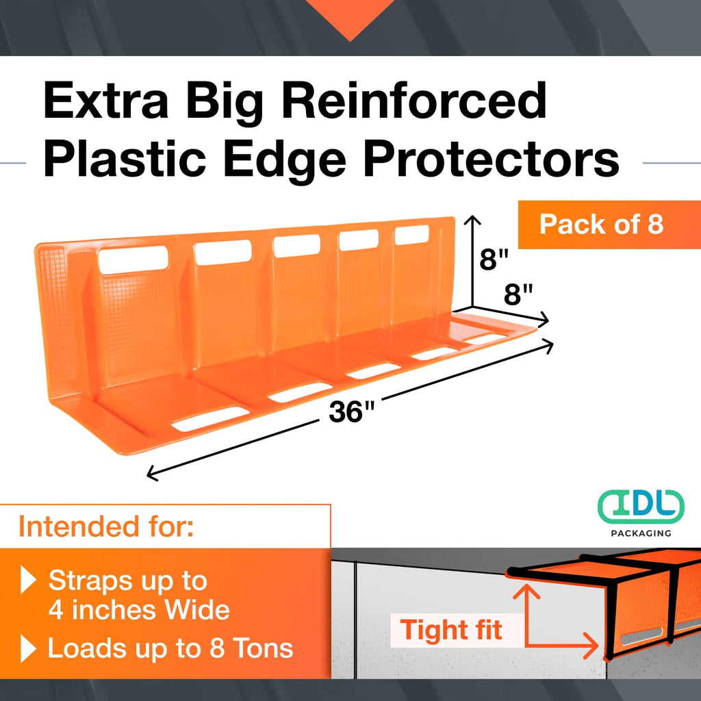 IDL Packaging 36' x 8' x 8' Reinforced Plastic Edge Protector for Tie Downs and Lashing (Pack of 8) - Each Accommodates 5 Slots for up to 4' Straps - Flatbed Corner Guards for Trucks and Shipping