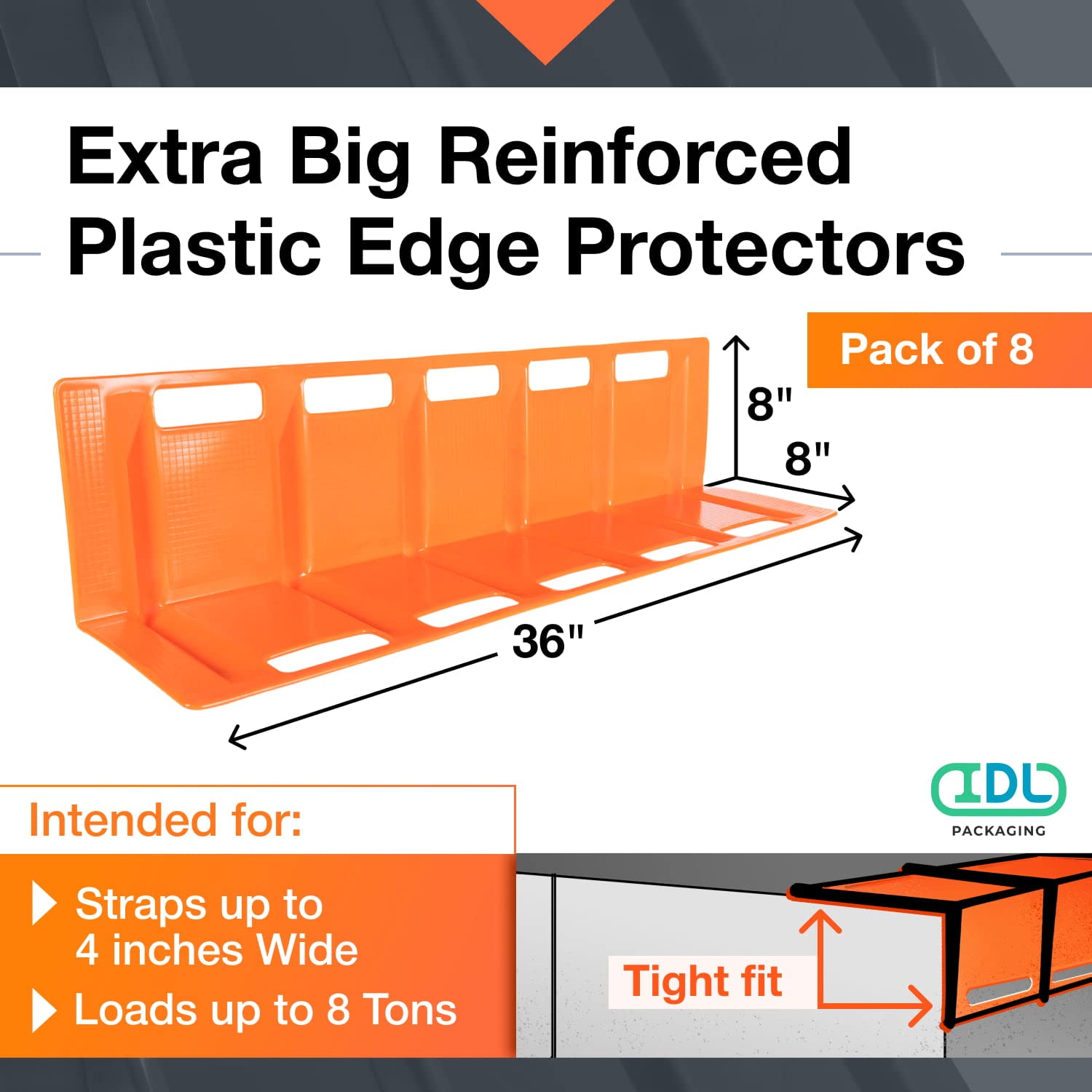 IDL Packaging 36' x 8' x 8' Reinforced Plastic Edge Protector for Tie Downs and Lashing (Pack of 8) - Each Accommodates 5 Slots for up to 4' Straps - Flatbed Corner Guards for Trucks and Shipping