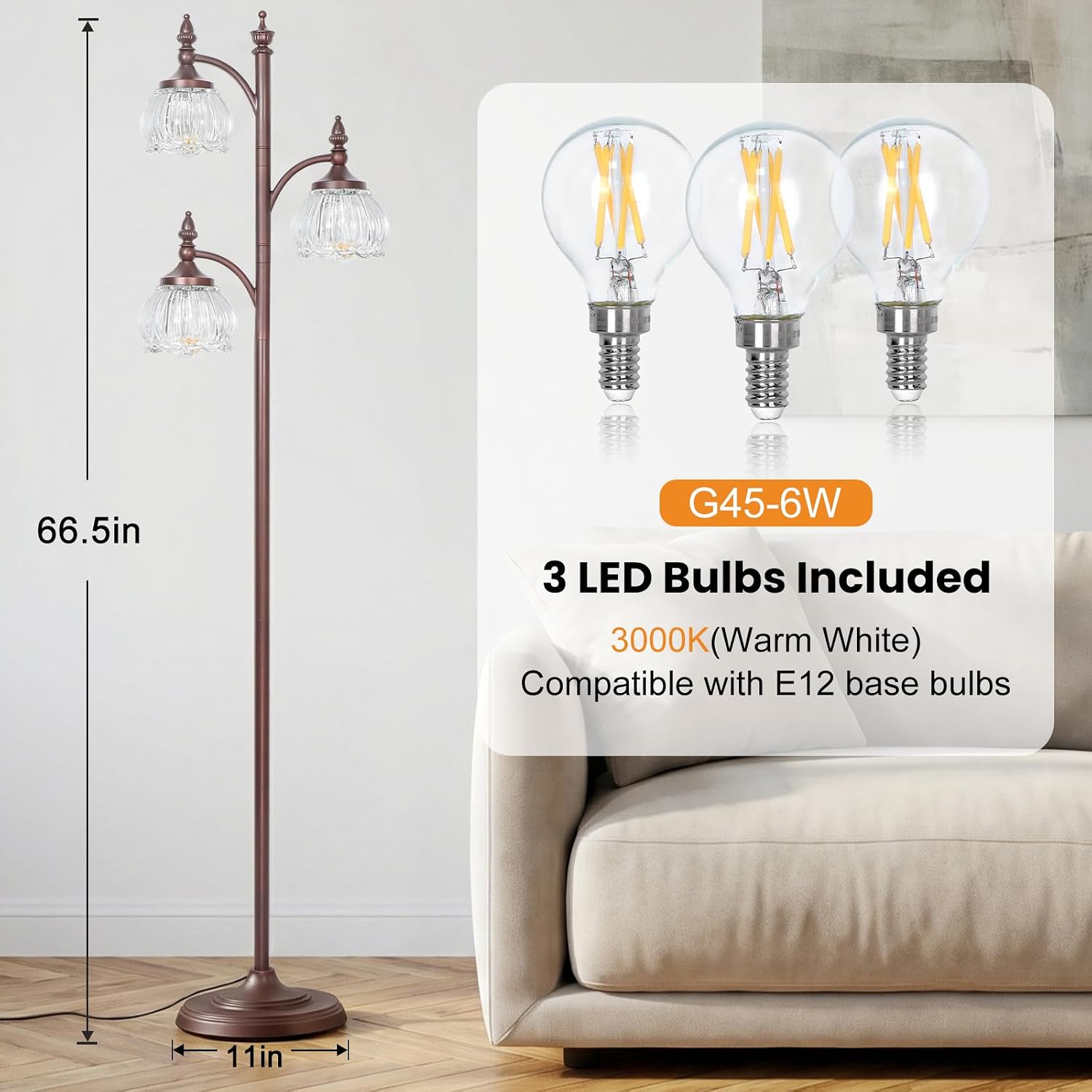JUNNAI Brown Floor Lamps for Living Room Standing Lamp with 3 Brightness Lights Glass Shade 66.5in Flower Lamp for Bedroom Office Corner(3LED Bulbs Included)