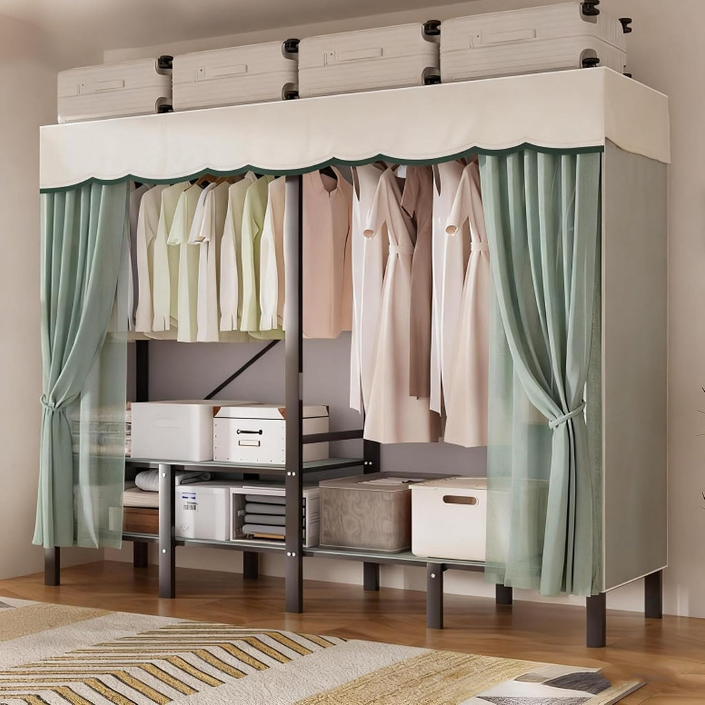 Foldable Wardrobe, Portable Closet with Cover, Heavy Duty Clothing Rack for Hanging Clothes, Vertical Storage Space, Metal Garment Rack(Green,131cm/51.6in)