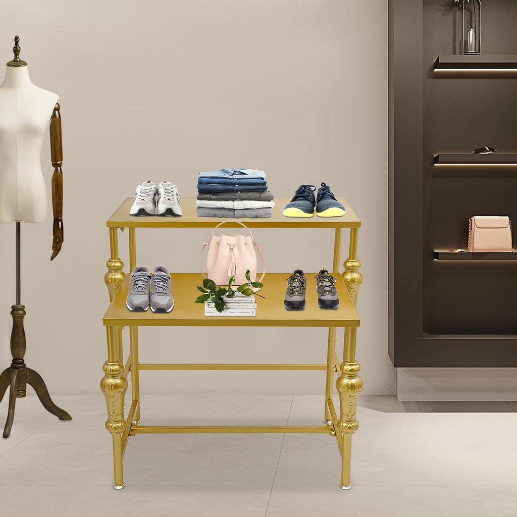 Industrial Retail Display Tables, Set of 2 Standing Clothing Shoes Display Rack, Heavy Duty Boutique Display Riser Storage Shelves, Garment Handbag Display Stand for Retail Clothing Store (Gold)