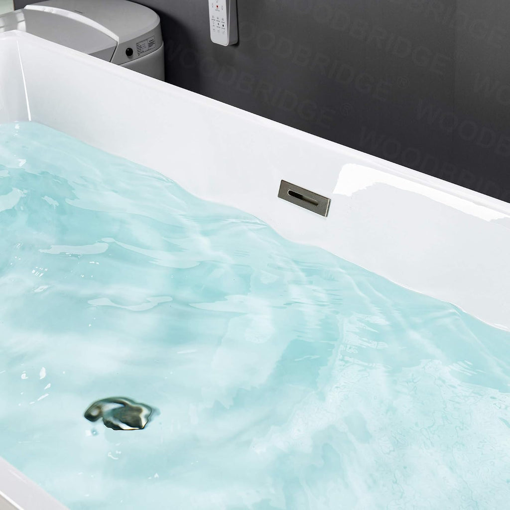WOODBRIDGE 67' Acrylic Freestanding Bathtub Contemporary Soaking White Tub with Brushed Nickel Overflow and Drain，BTA1512-B/N-Drain&O