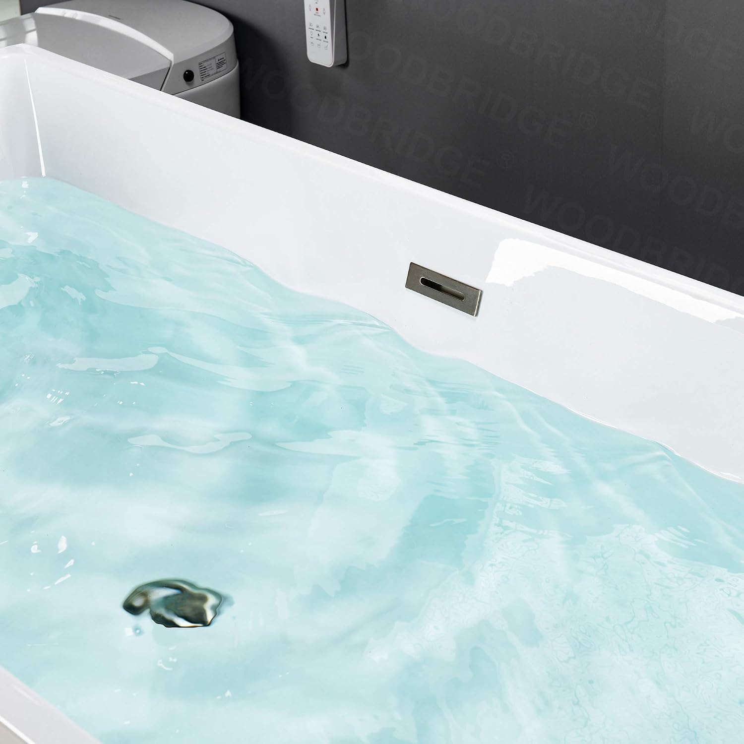 WOODBRIDGE 67' Acrylic Freestanding Bathtub Contemporary Soaking White Tub with Brushed Nickel Overflow and Drain，BTA1512-B/N-Drain&O