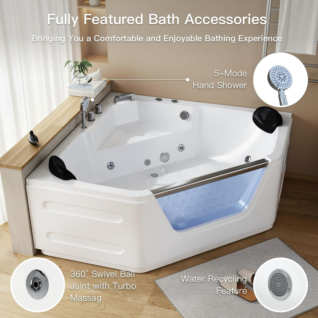 59x59 Corner Jetted Tub - Luxury White Whirlpool Acrylic Bathtub with 7 Color Light Ideal for Couples' Relaxation and Wellness Home Spa, Ergonomical Bathtub Includes Faucet & 2 Bath Pillows
