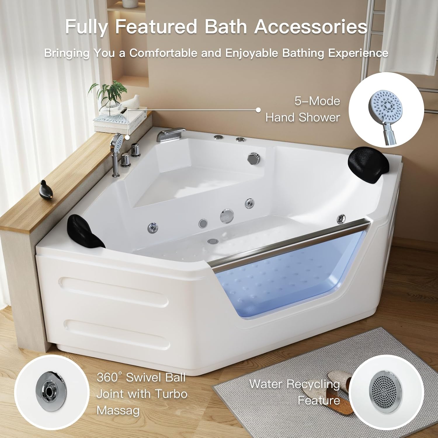 59x59 Corner Jetted Tub - Luxury White Whirlpool Acrylic Bathtub with 7 Color Light Ideal for Couples' Relaxation and Wellness Home Spa, Ergonomical Bathtub Includes Faucet & 2 Bath Pillows