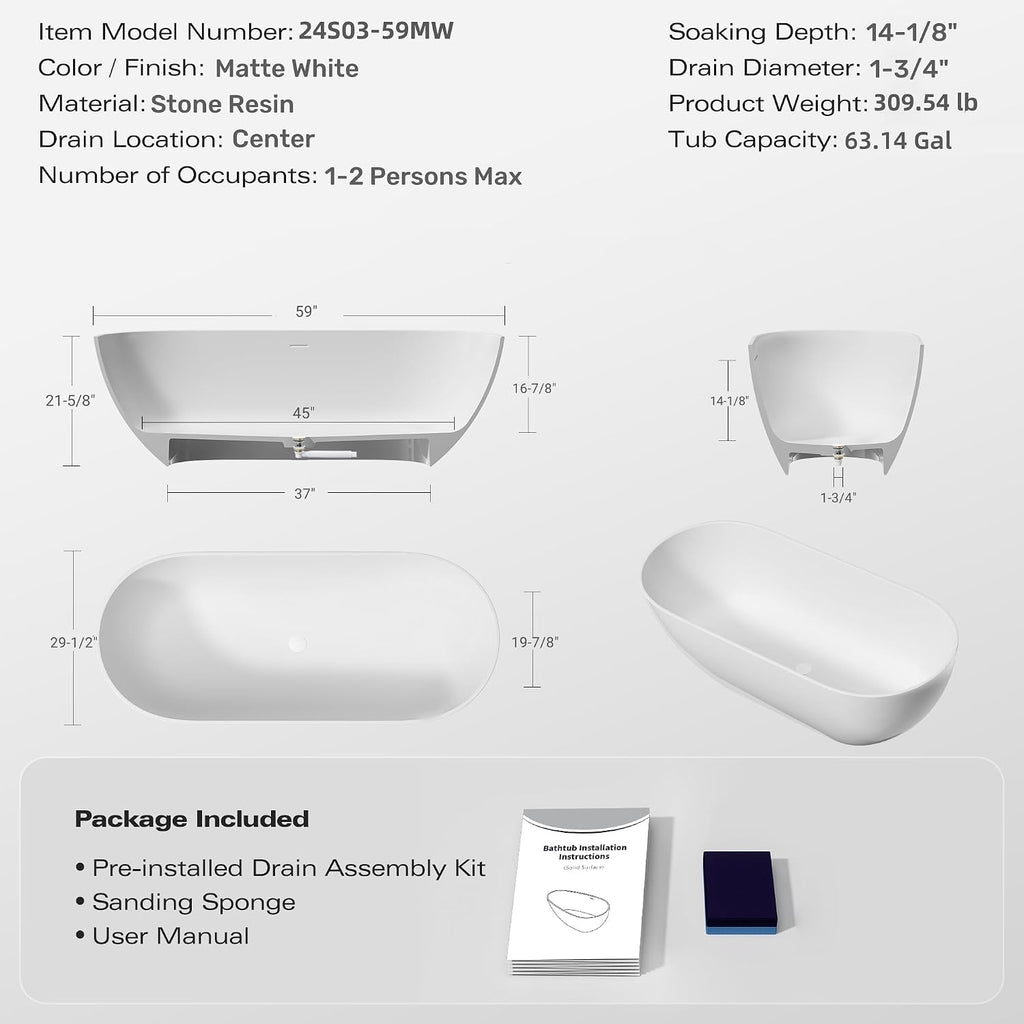 59' Freestanding Solid Bathtub, Luxury Engineered Stone Resin Freestanding Soaking Bathtub with Overflow and Pop up Drain for Bathroom, Matte White 24S03 59MW