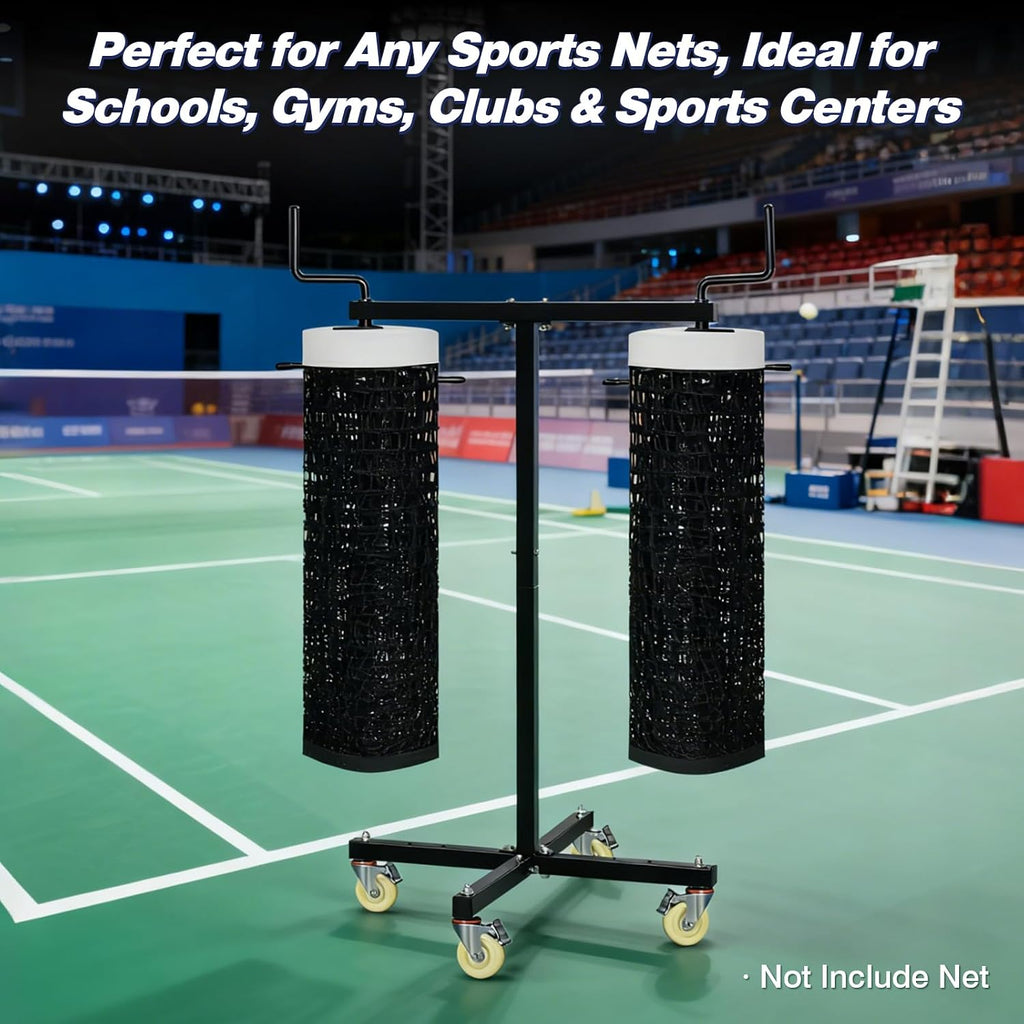 Movable Sports Net Storage Rack with Lockable Wheels, Heavy-Duty Holder for Volleyball, Tennis, Pickleball, Badminton Nets, Space-Saving Support Rack with Swivel Handle & Dust Covers