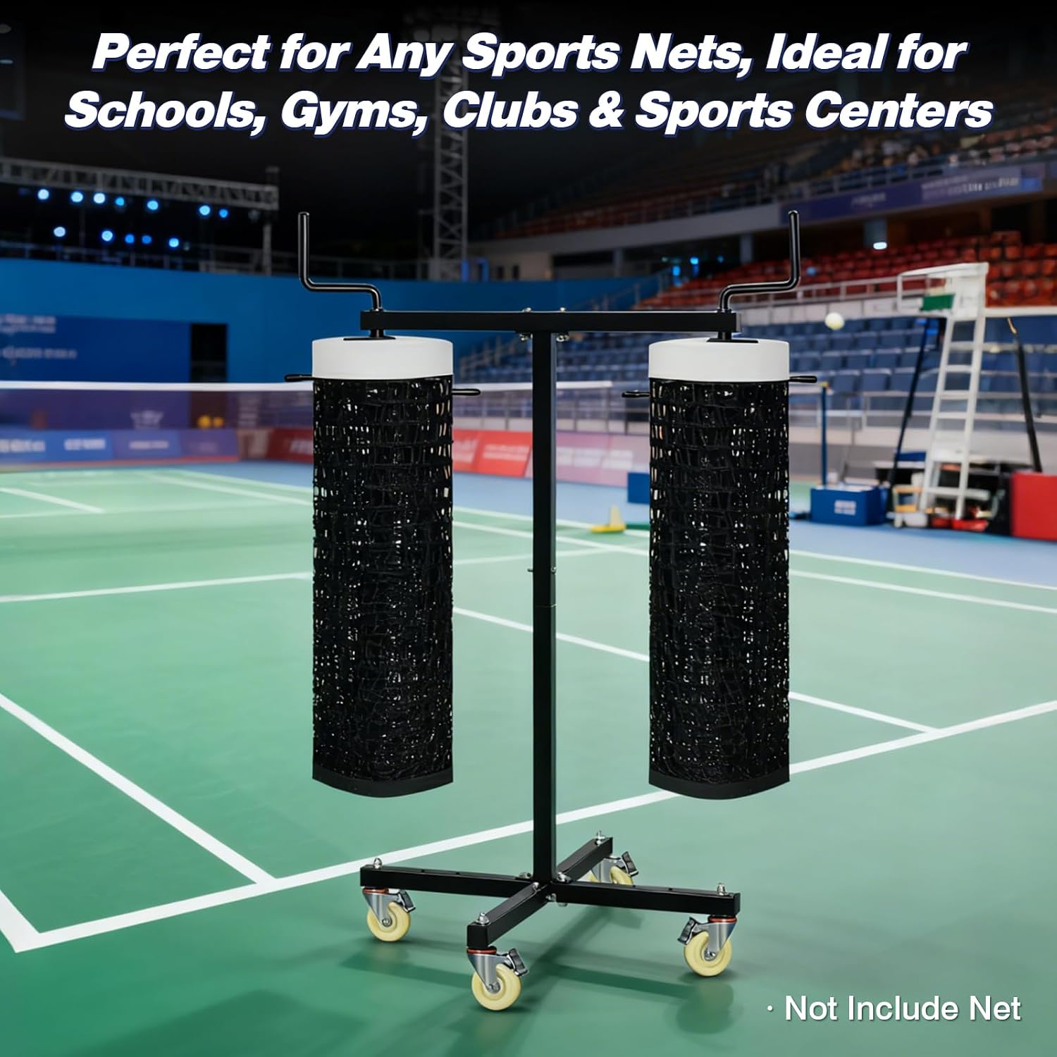 Movable Sports Net Storage Rack with Lockable Wheels, Heavy-Duty Holder for Volleyball, Tennis, Pickleball, Badminton Nets, Space-Saving Support Rack with Swivel Handle & Dust Covers