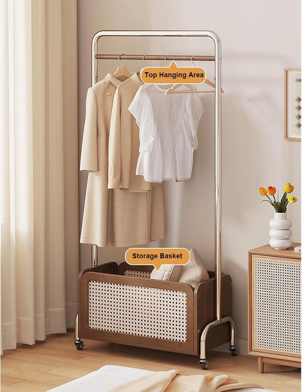 Metal Clothing Rack w/Wheels Heavy Duty Rolling Clothes Rack Modern Garment Rack w/Bamboo Rattan Storage Basket for Bedroom Boutiques