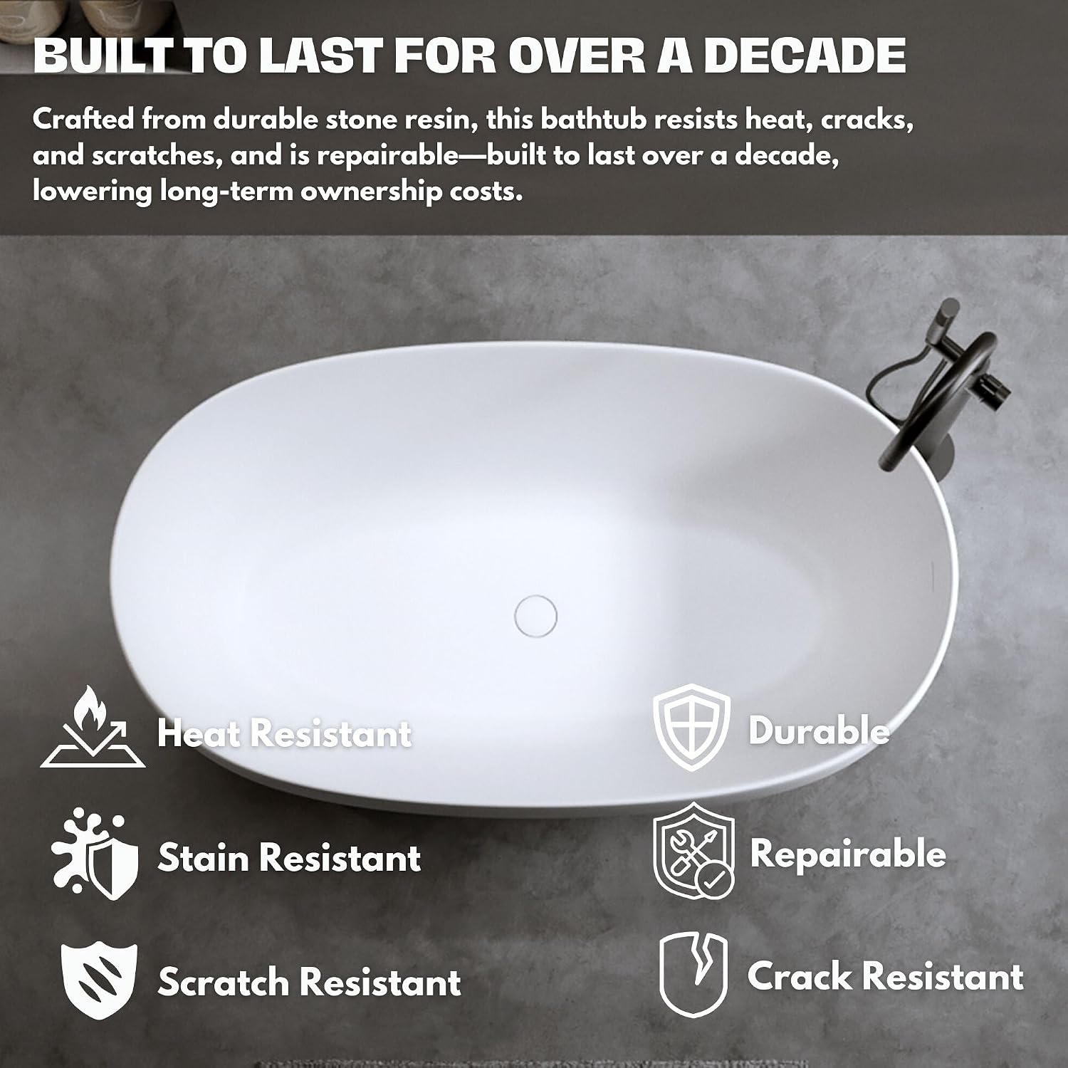 H2O Rectangular 59 in. x 30.7 in. Solid Surface Stone Resin Freestanding Bathtub, 13 in. Soaking Depth, Ergonomic Backrest, Matte White, Center Drain with Overflow, Durable, Easy to Clean