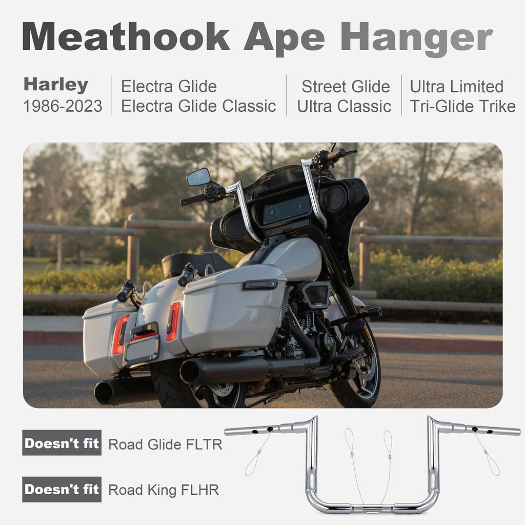 MoKitDora Touring Ape Hanger Meathook Handlebar 12' Rise 1-1/2' Fat 1' Clamp Monkey Bars for Harley 2023-later CVO Street Glide FLHXSE and 2024-later FLHX, Chrome