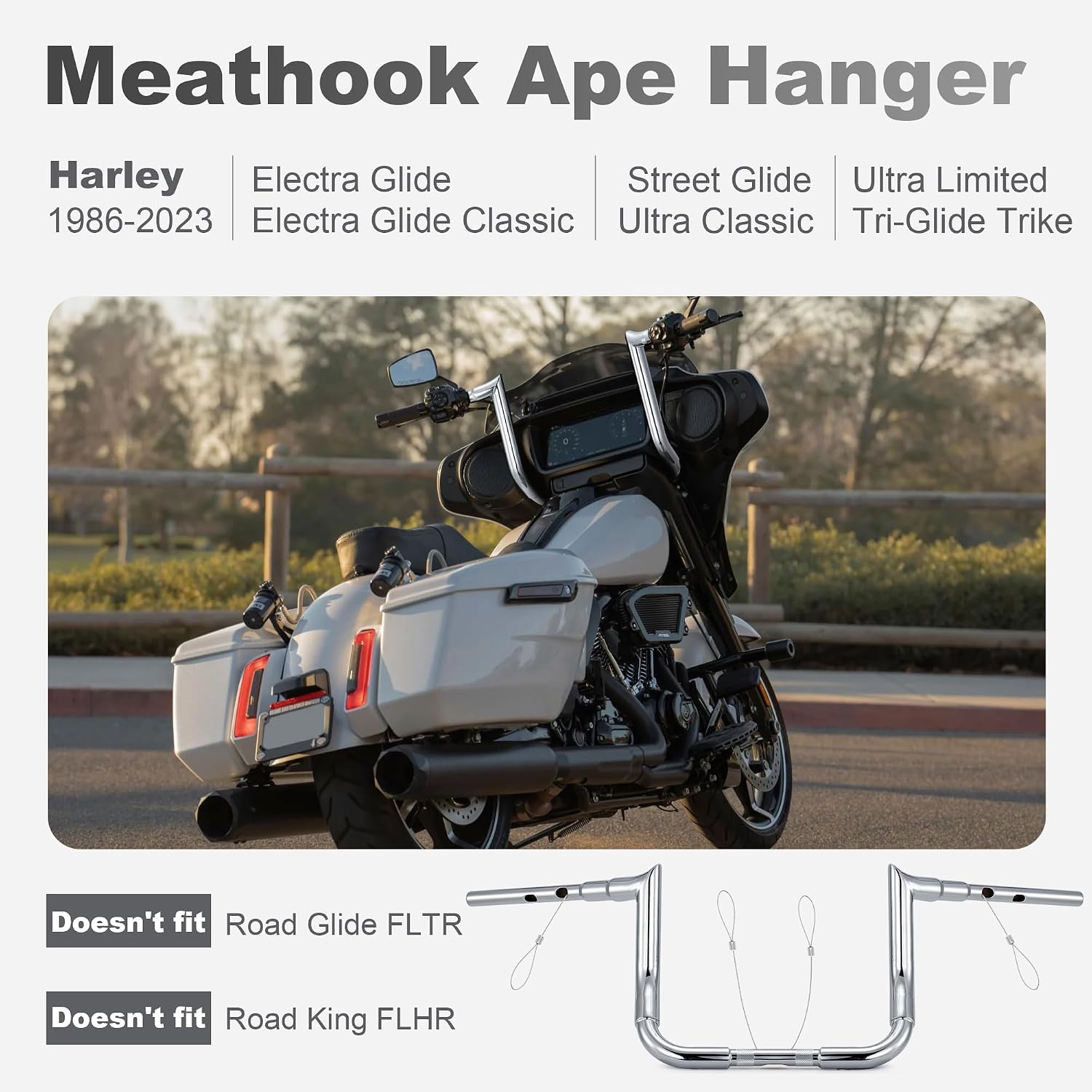 MoKitDora Touring Ape Hanger Meathook Handlebar 12' Rise 1-1/2' Fat 1' Clamp Monkey Bars for Harley 2023-later CVO Street Glide FLHXSE and 2024-later FLHX, Chrome