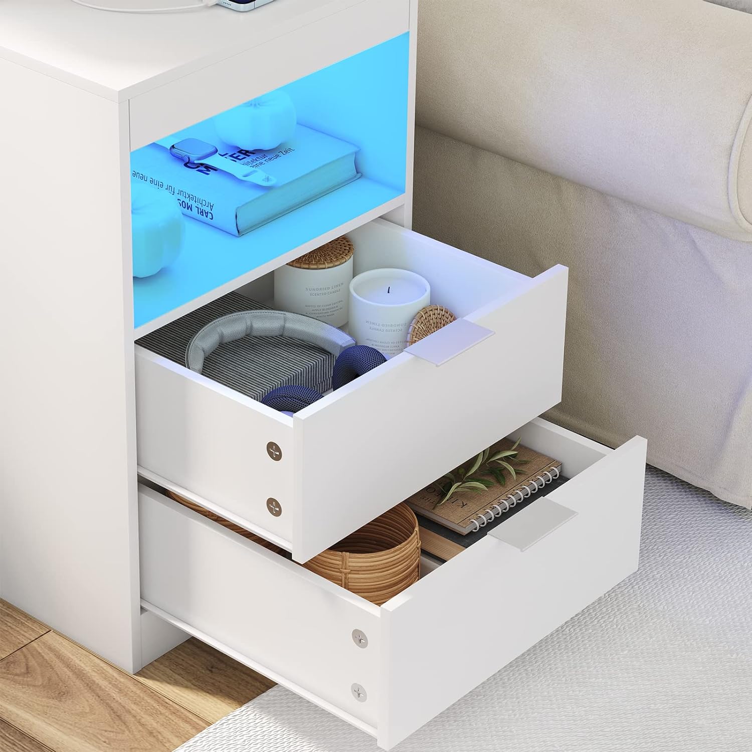 Tiptiper White Nightstand Set of 2, LED Nightstand with Wireless Charging Station, Night Stand with Drawers & Pull-Out Shelf, Modern Bedside Table with Storage, End Table Side Table