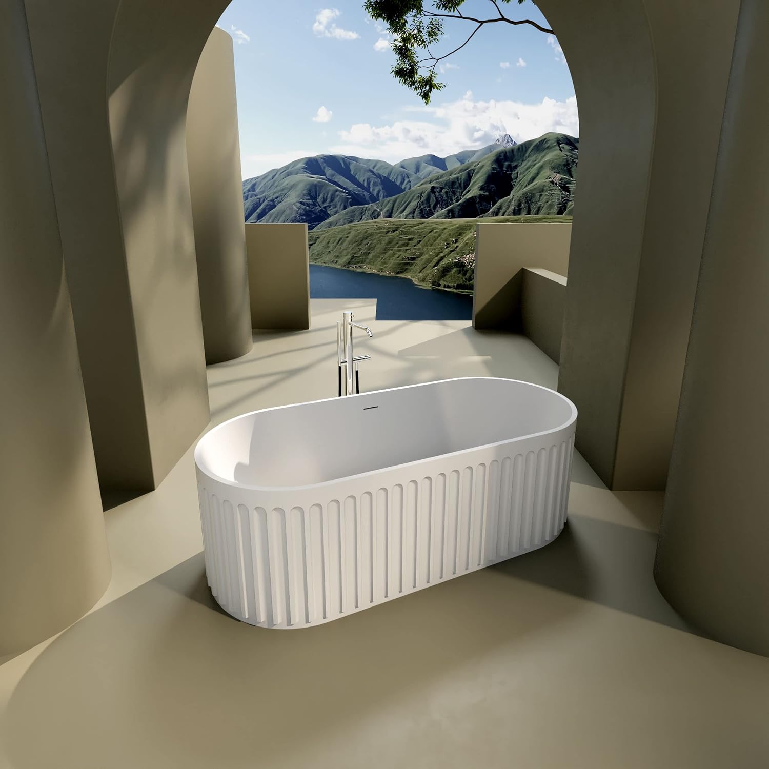 67' Freestanding Solid Bathtub, Luxury Engineered Stone Resin Freestanding Soaking Bathtub with Overflow and Pop up Drain, Matte White 23S13 67