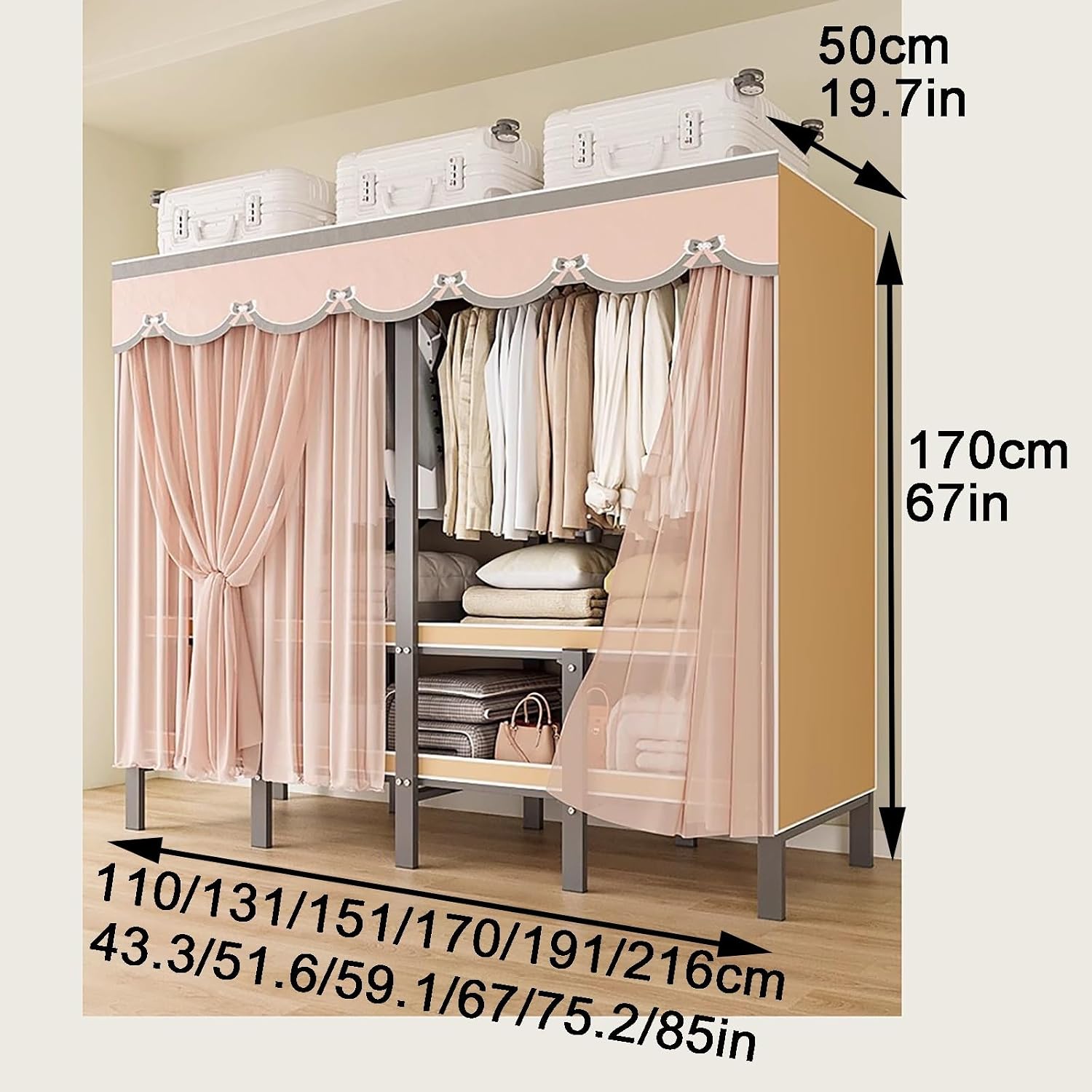 Foldable Portable Closet with Cover, Heavy Duty Armoire Wardrobe, 67' H x 20' W in Covered Clothes Rack, Storage Garment Racks for Hanging Clothes(Gray,131cm/51.6in)
