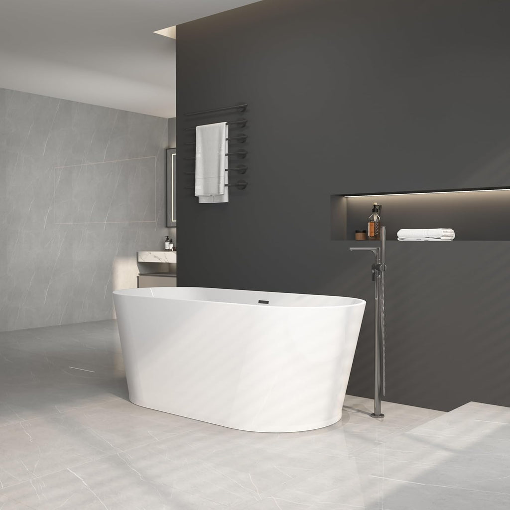 59' Acrylic Freestanding Bathtub-Acrylic Soaking Tubs, White Bathtub, Oval Shape Black Freestanding Bathtub with Chrome Overflow and Pop Up Drain