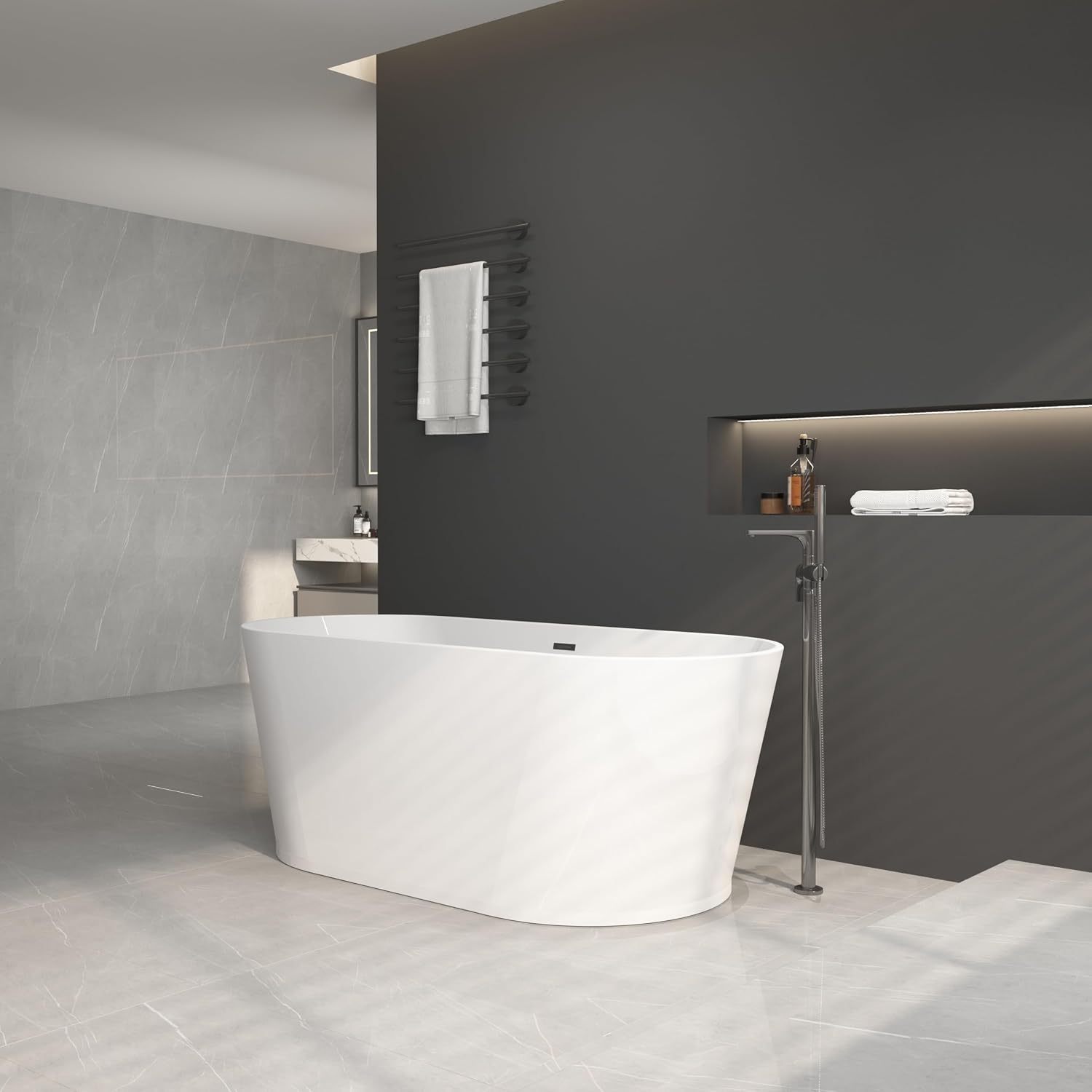 59' Acrylic Freestanding Bathtub-Acrylic Soaking Tubs, White Bathtub, Oval Shape Black Freestanding Bathtub with Chrome Overflow and Pop Up Drain