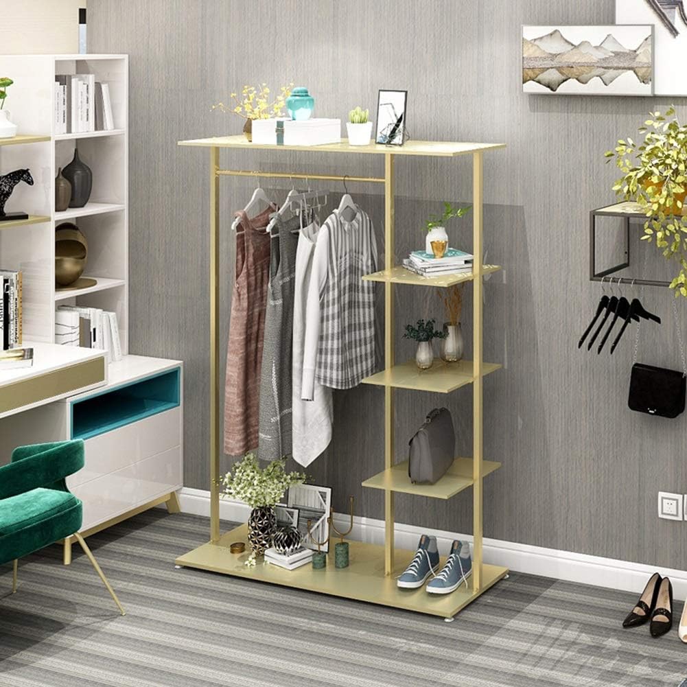 Garment Rack with 4 Shelves, Heavy Duty Clothes Hanging Rail, Clothing Retail Display Stand (Gold 120x40x155cm)