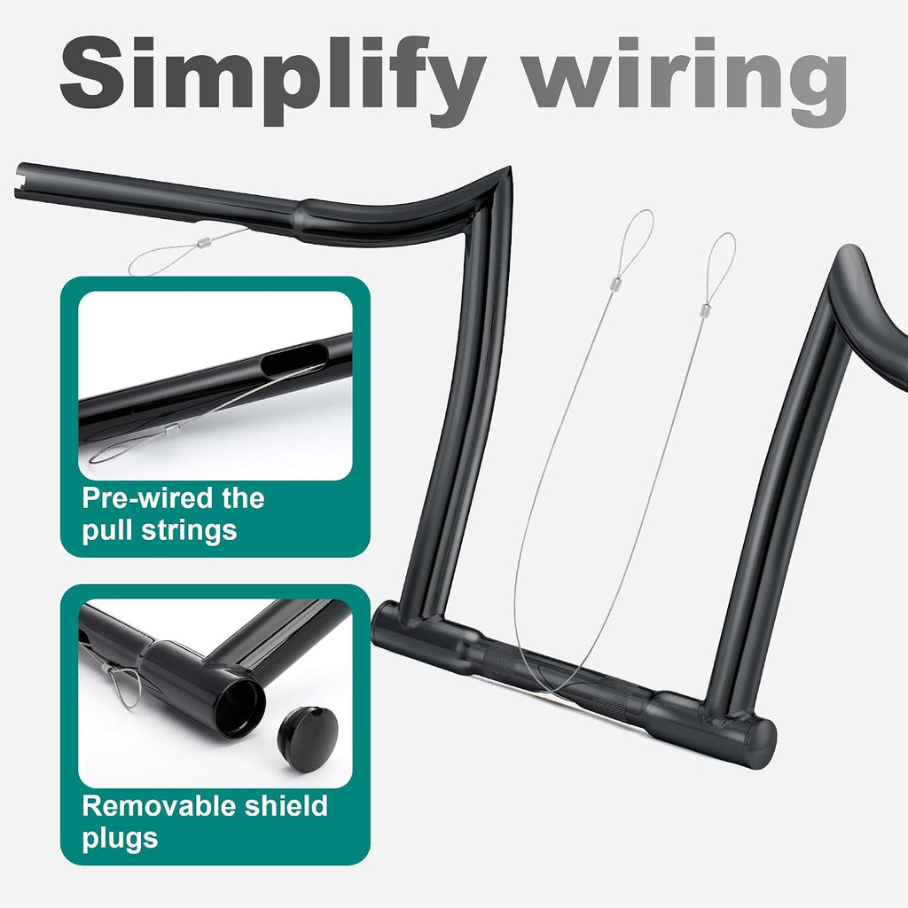 MoKitDora 14' Rise Ape Hanger 1-1/4' Fat 1' Clamp Chizeled Handlebar Z Bar for Harley Dyna Softail Sportster XL 883/1200, 1994-up Road King & 1998-2013 Road Glide, Black