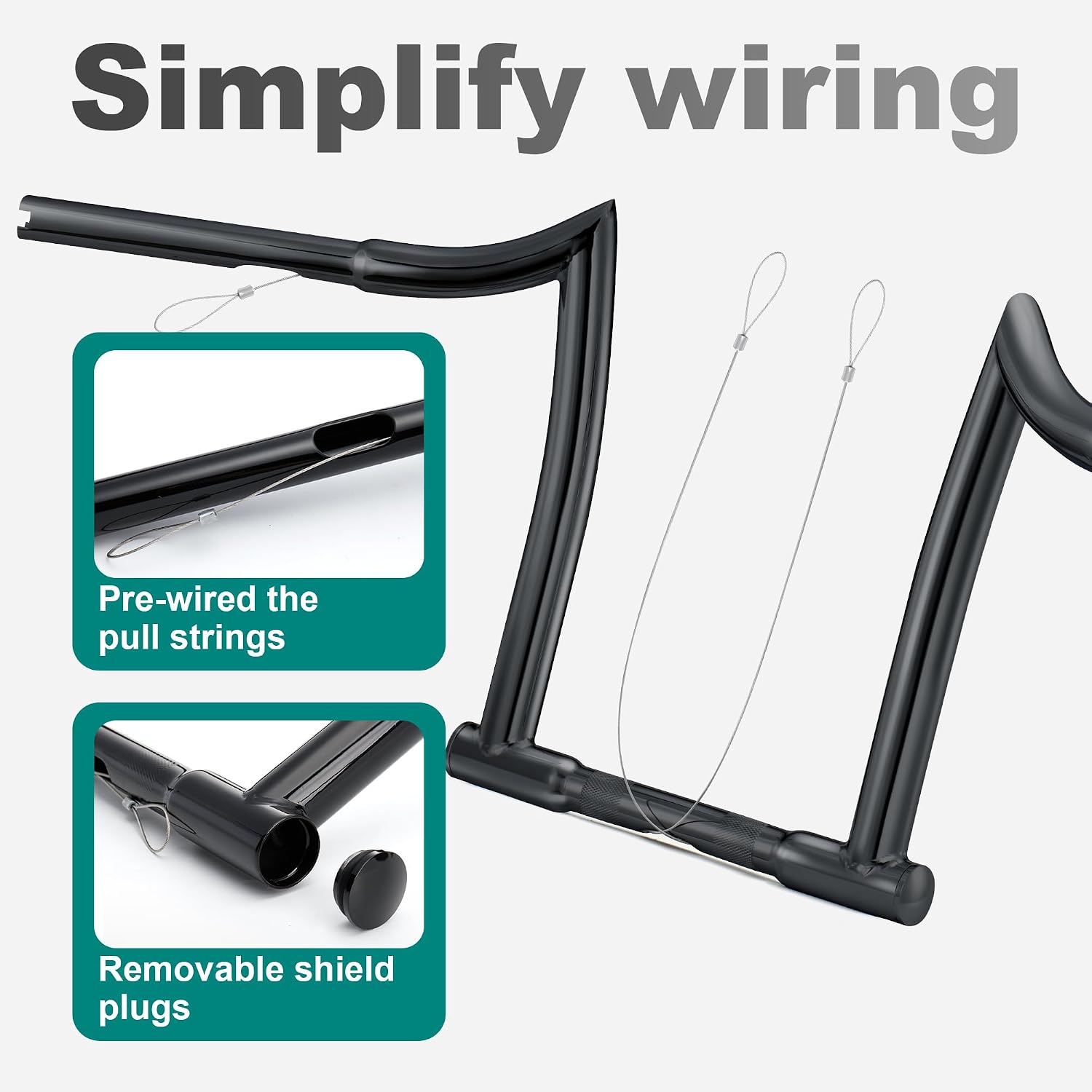 MoKitDora 14' Rise Ape Hanger 1-1/4' Fat 1' Clamp Chizeled Handlebar Z Bar for Harley Dyna Softail Sportster XL 883/1200, 1994-up Road King & 1998-2013 Road Glide, Black