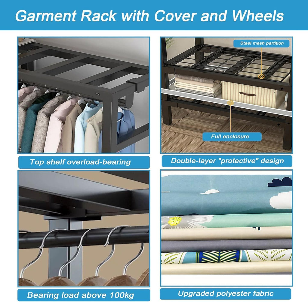 Freestanding Wardrobe Rack with Dust Cover and Wheels,Foldable Heavy-Duty Portable Closet, Multi-Functional Bedroom Clothing Rack,Max Load 1600lbs,for Hanging Clothes (215CM/84.6IN)