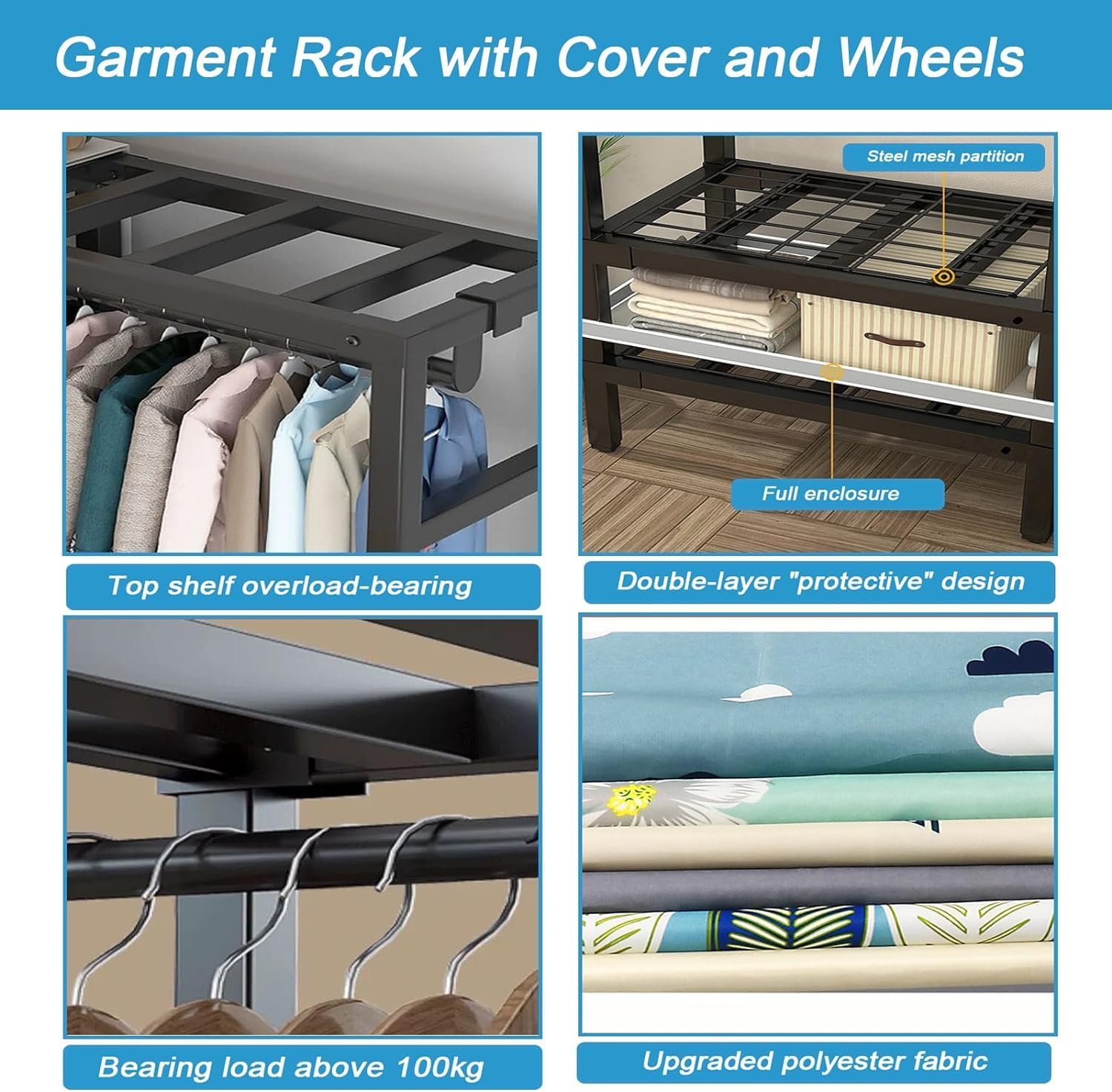 Freestanding Wardrobe Rack with Dust Cover and Wheels,Foldable Heavy-Duty Portable Closet, Multi-Functional Bedroom Clothing Rack,Max Load 1600lbs,for Hanging Clothes (215CM/84.6IN)