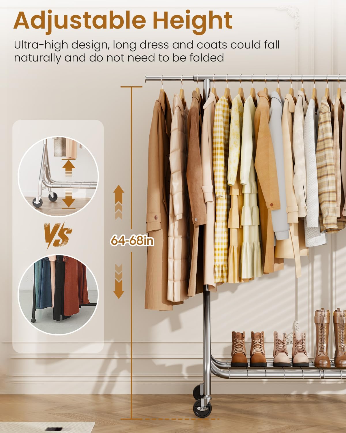 Heavy Duty Clothes Rack, Metal Clothing Rack Load 450 LBS, Rolling Coat Racks for Hanging Clothes with Lockable Wheels, Silver+Gold