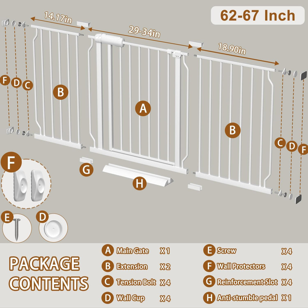 Fairy Baby Extra Wide Baby Gate for Dogs Pressure Monuted Safety Gate for Living Room, Fits 62 Inch to 67 Inch with No Drill Auto Close Dog Gate for Doorways, White