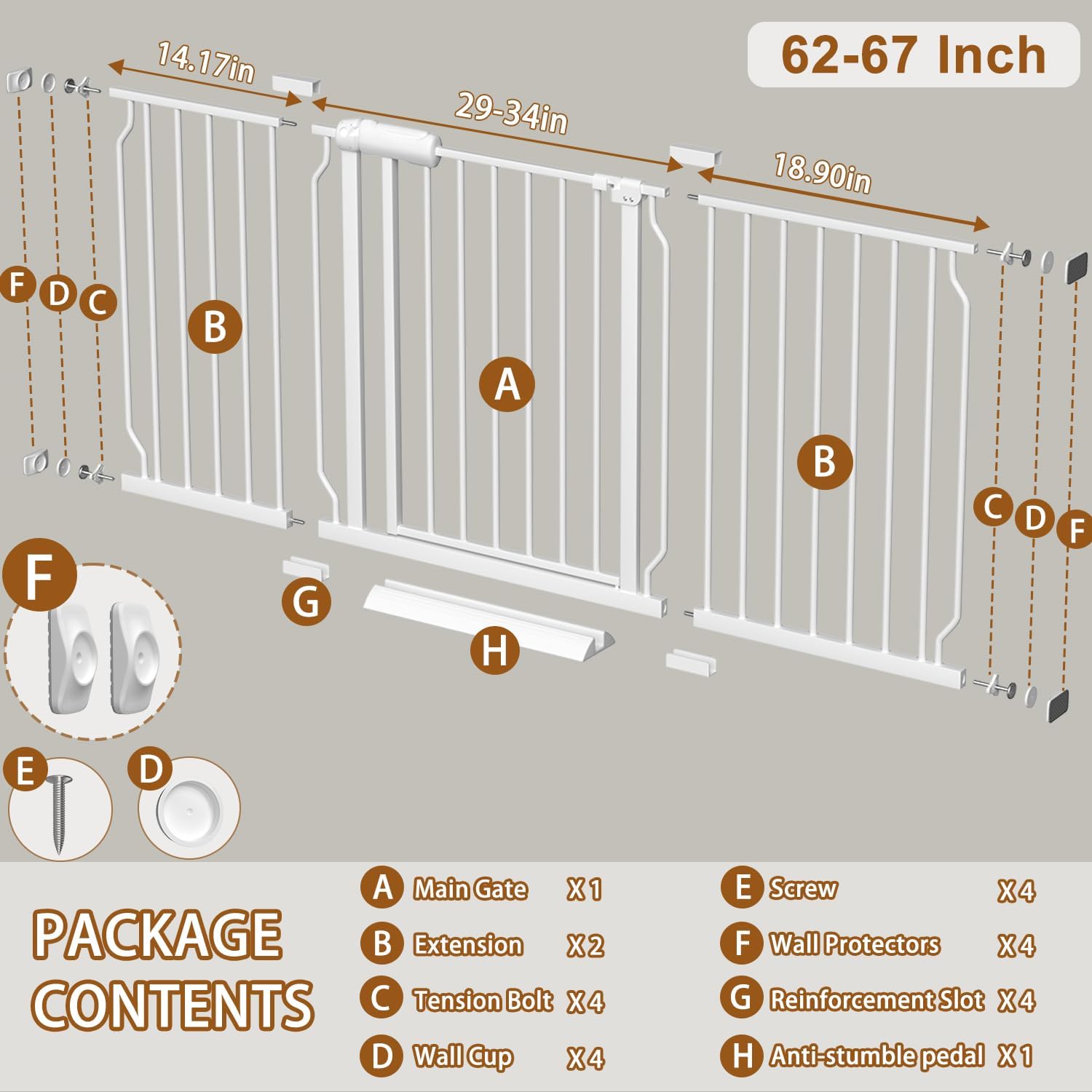 Fairy Baby Extra Wide Baby Gate for Dogs Pressure Monuted Safety Gate for Living Room, Fits 62 Inch to 67 Inch with No Drill Auto Close Dog Gate for Doorways, White