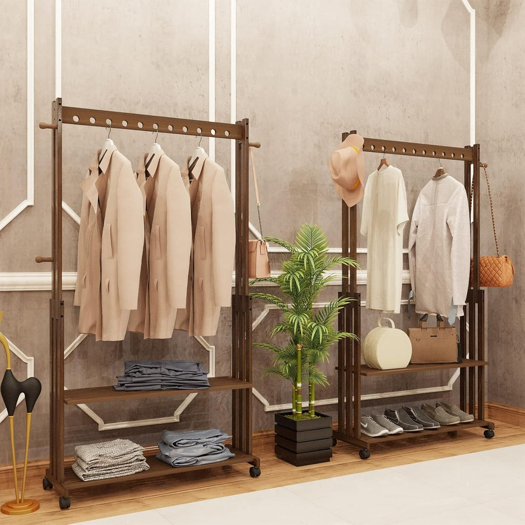 Rustic Wooden Clothes Rack Freestanding Bamboo Garment Stand On Wheels 40.94x12.68x65.35 Inch Brown Wood Glossy Rolling