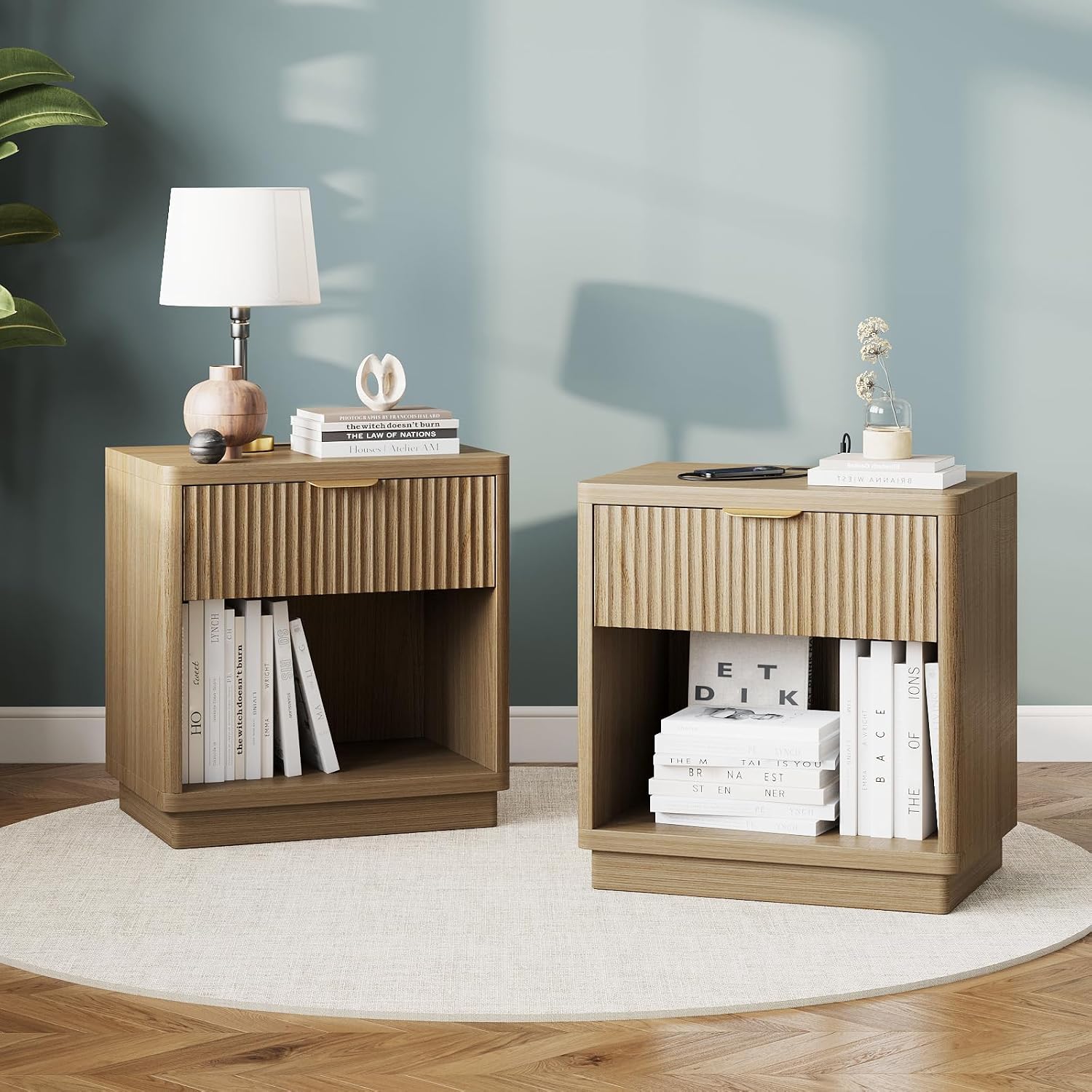 Fluted Night Stand Set of 2 with Charging Station, Wood Bedside Tables with Drawer & Open Shelf, Modern Matching Pair for Bedroom & Living Room,Light Oak
