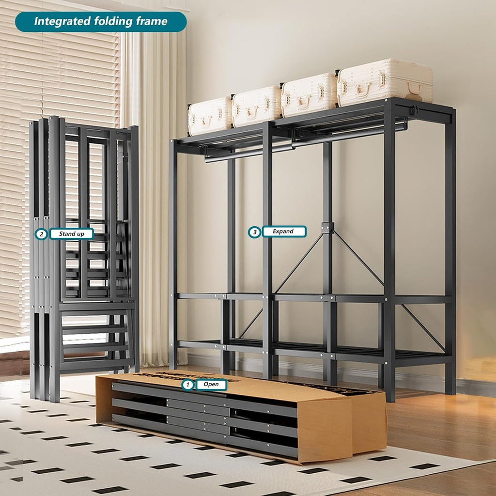 Heavy Duty Metal Clothing Rack with Cover Foldable Covered Clothes Rack with 2 Hanging Rods Freestanding Portable Wardrobe Closets Garment Rack Wardrobe Clothes Organizer ﻿(150cm/59.1in)