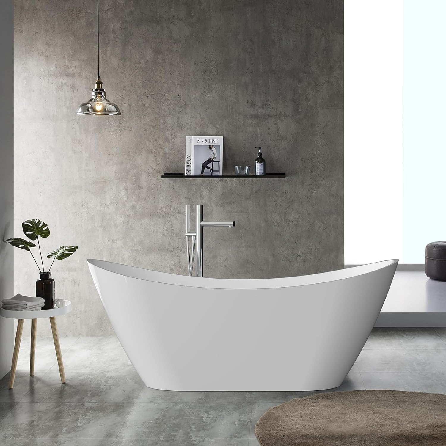 59' Freestanding Bathtub Acrylic Oval Soaking Tub, Chrome Drain and Overflow Cover, Contemporary Stand Alone Bath for Family or Guest Use (Glossy White)