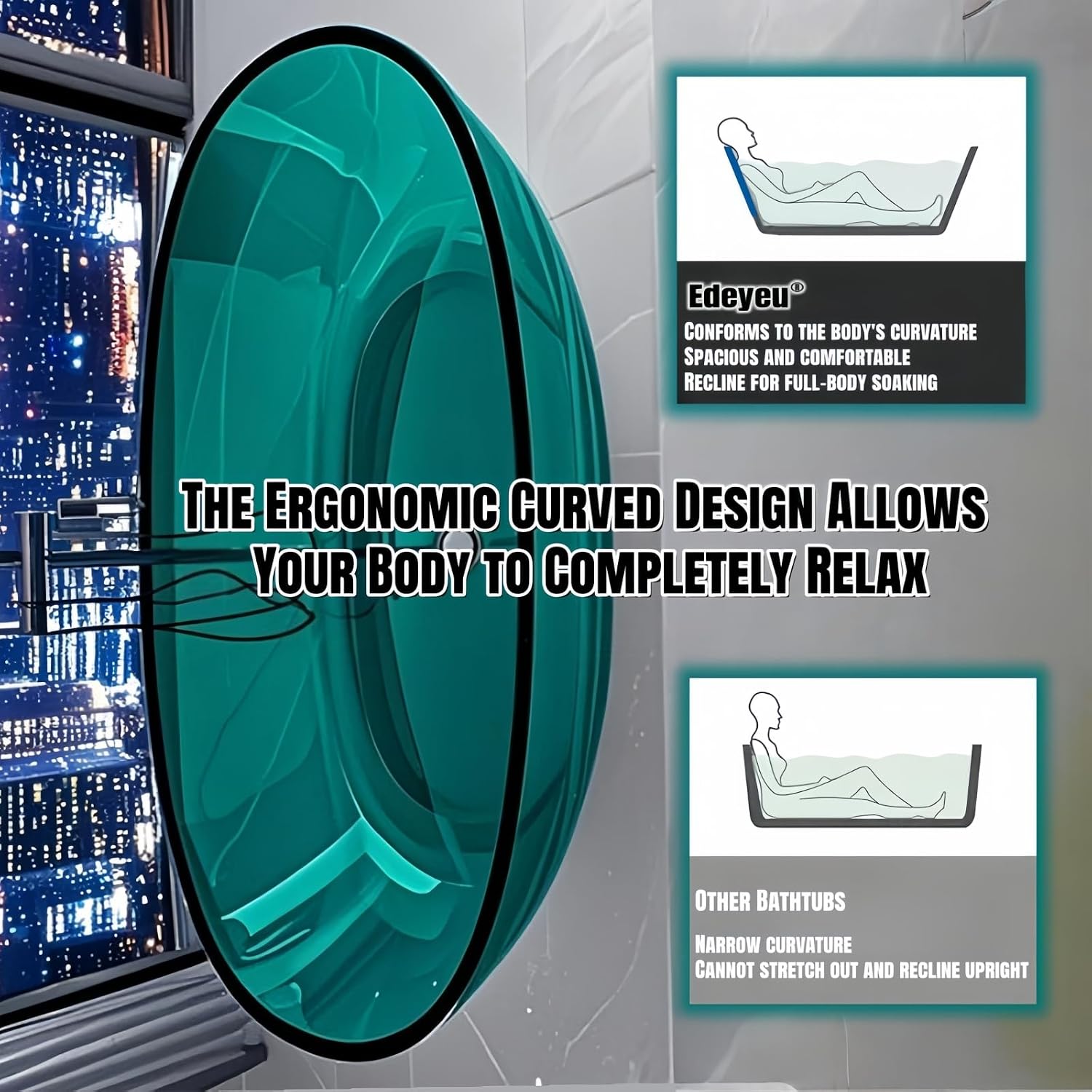 63' Edeyeu Freestanding Bathtub - Luxury Natural Resin Solid Surface Bathtub, Crystal Translucent Extra Deep Soaking Tub, High-End Stand Alone Free Standing Tub For Modern Bathroom Design Orange A