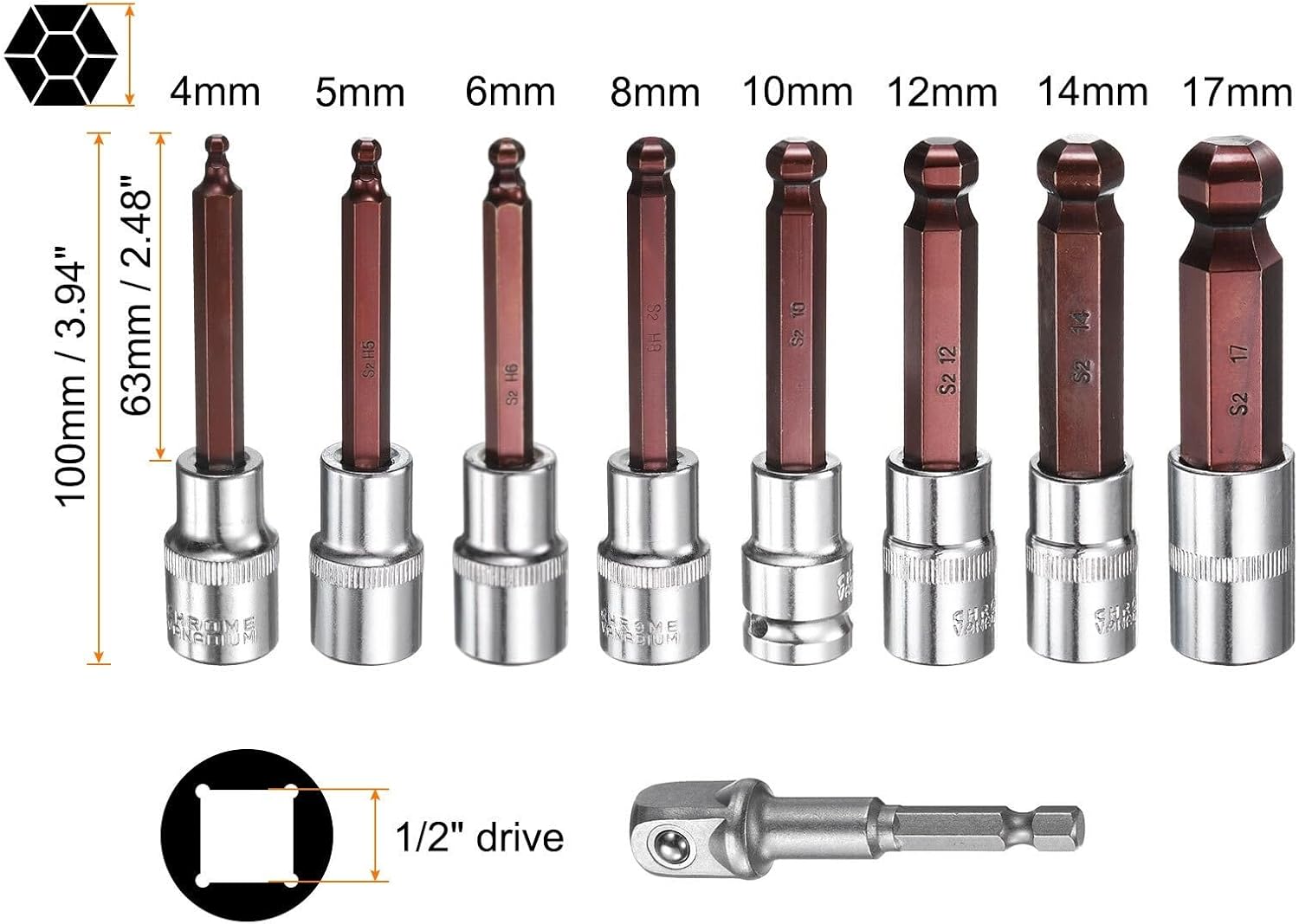 9Pcs Ball End Hex Bit Socket 1/2' Square Drive Metric Extension Impact Bit Power Nut Driver Set 4/5/6/8/10/12/14/17mm