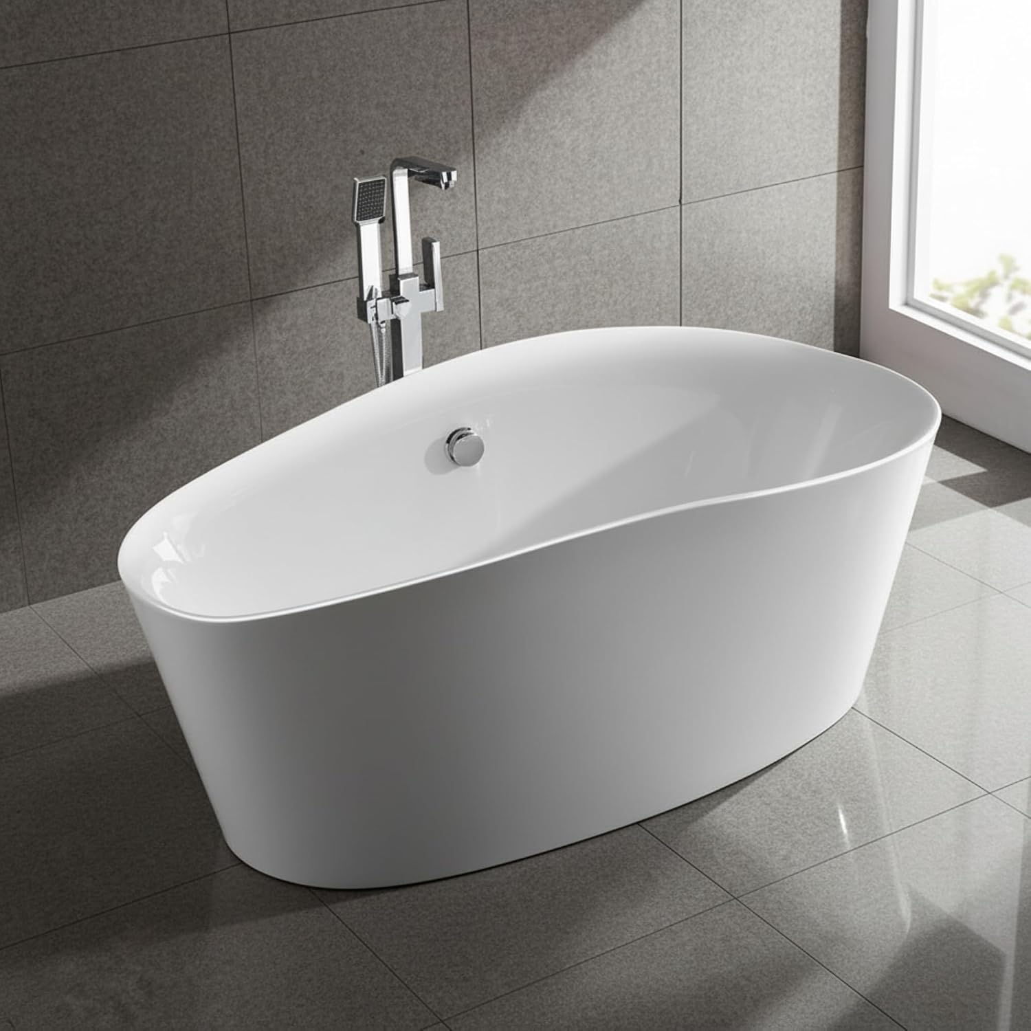 Grasse 67' Freestanding Acrylic Bathtub with Chrome Drain, Glossy White Seamless Soaking Tub, Fiberglass Reinforced with Leveling Legs, 56 Gal Capacity