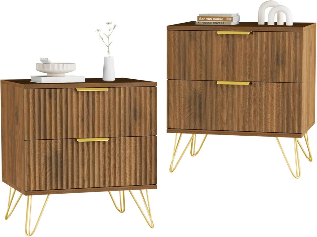 Set of 2 Nightstand, Mid Century Modern Night Stand Bedside Table with 2 Storage Drawer, Bed Side End Table with Golden Handles and Legs for Bedroom, Walnut
